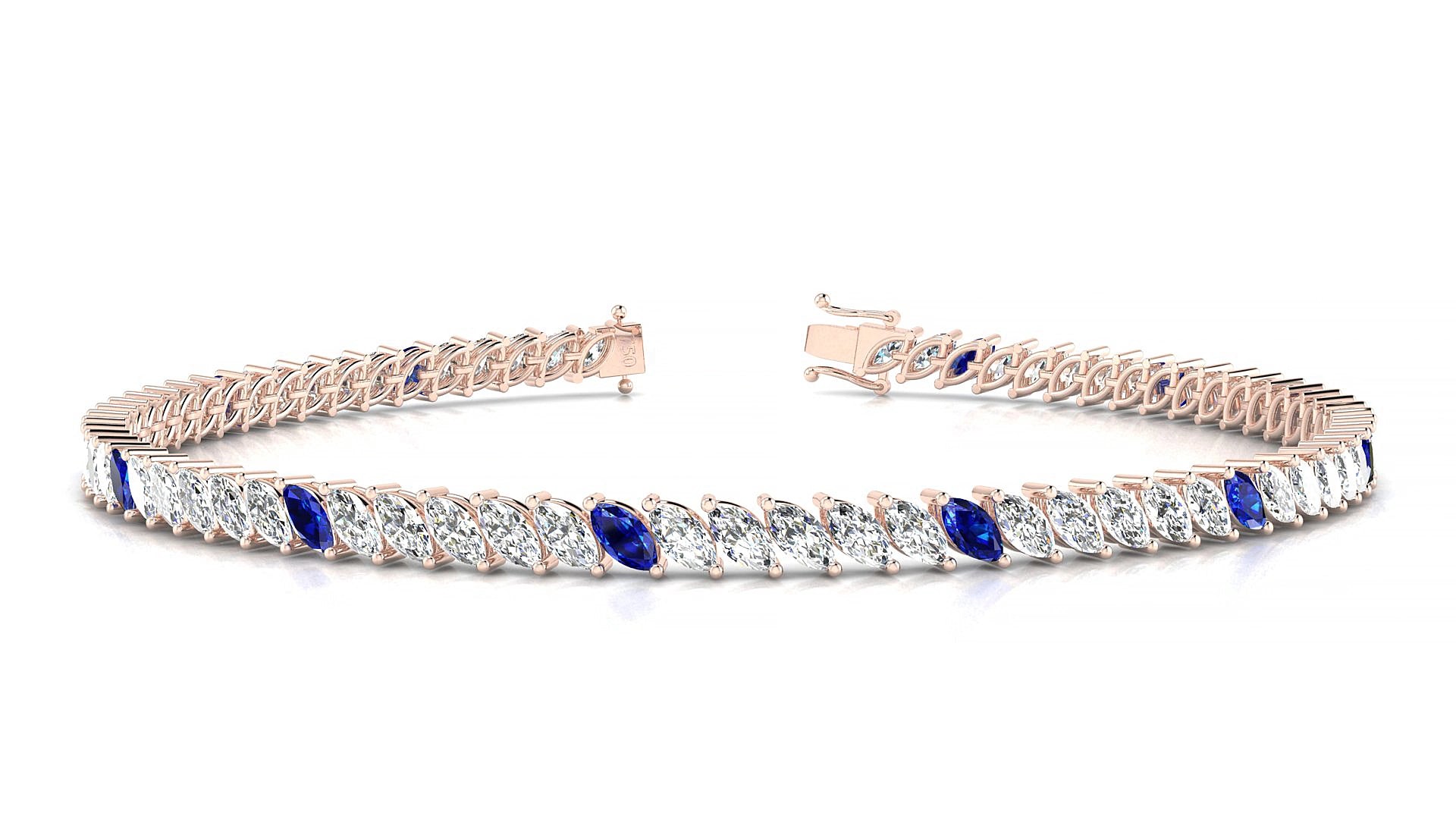 Venezia 1-5 | 18k Rose Gold 4 x 2 mm Marquise Natural Sapphire & Diamond 16 cm Tennis Bracelet