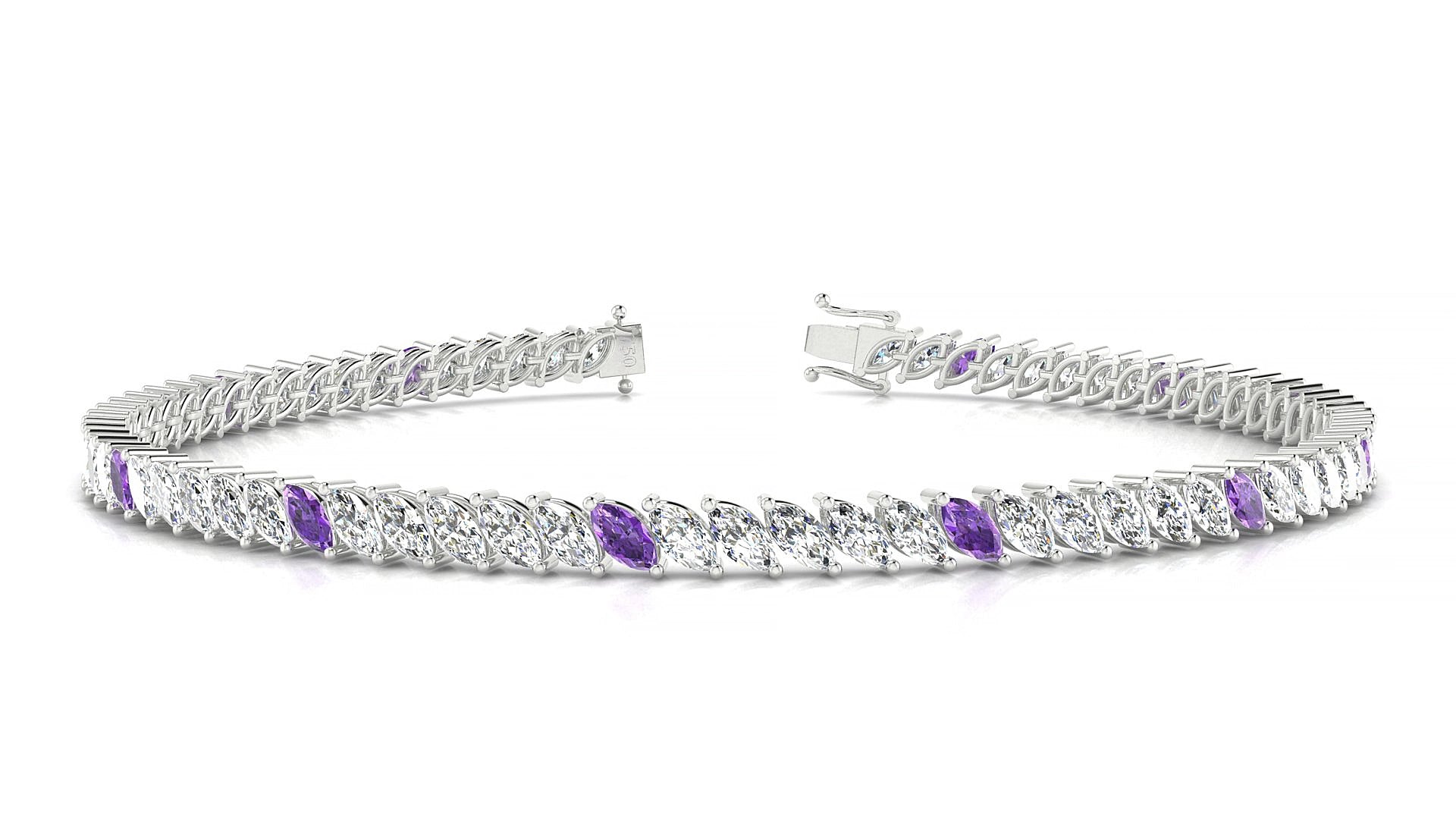 Venezia 1-5 | 18k White Gold 4 x 2 mm Marquise Natural Amethyst & Diamond 15 cm Tennis Bracelet