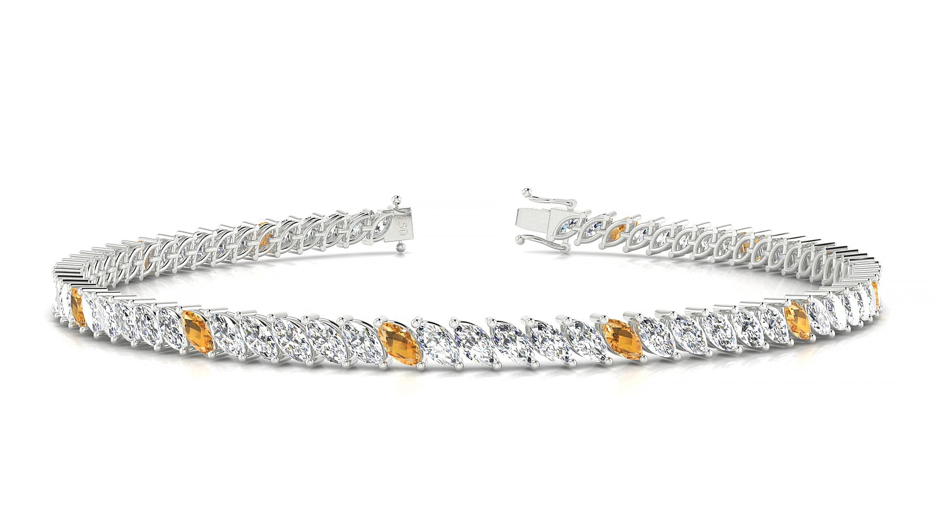 Venezia 1-5 | 18k White Gold 4 x 2 mm Marquise Natural Citrine & Diamond 15 cm Tennis Bracelet