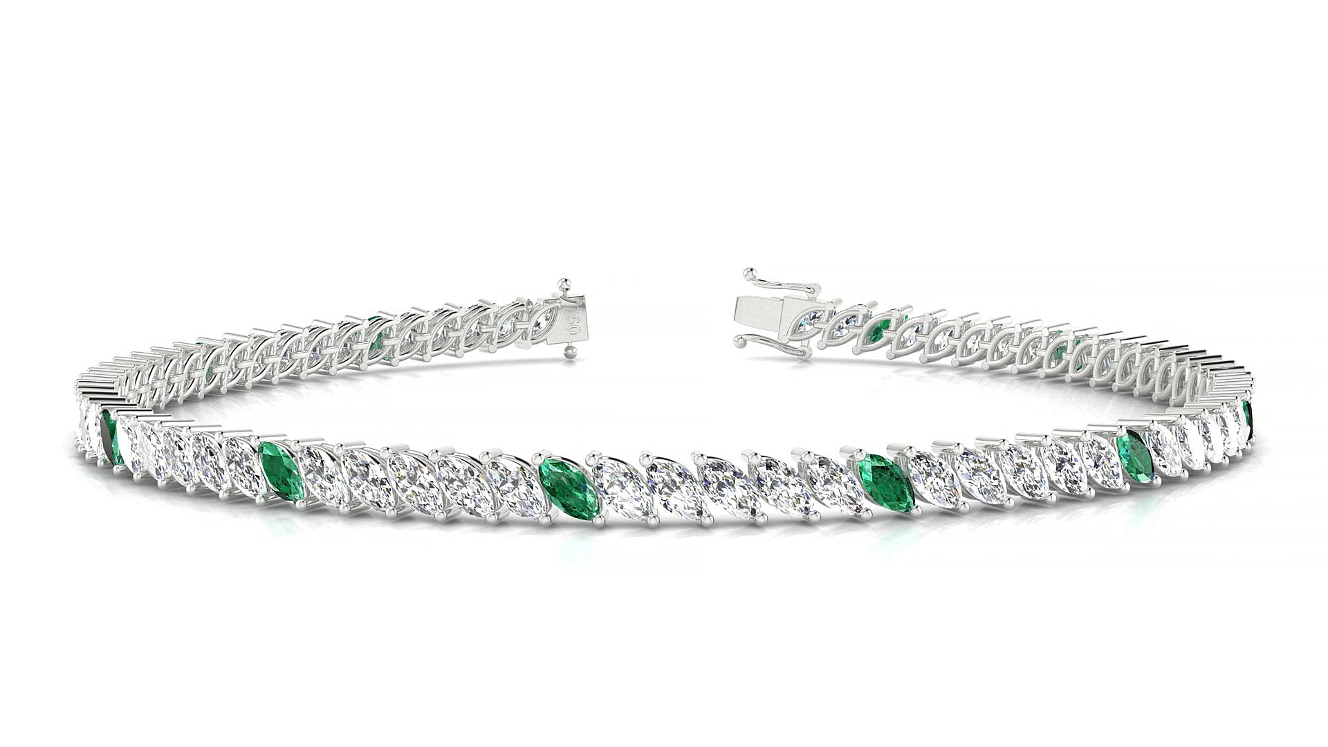 Venezia 1-5 | 18k White Gold 4 x 2 mm Marquise Natural Emerald & Diamond 17 cm Tennis Bracelet