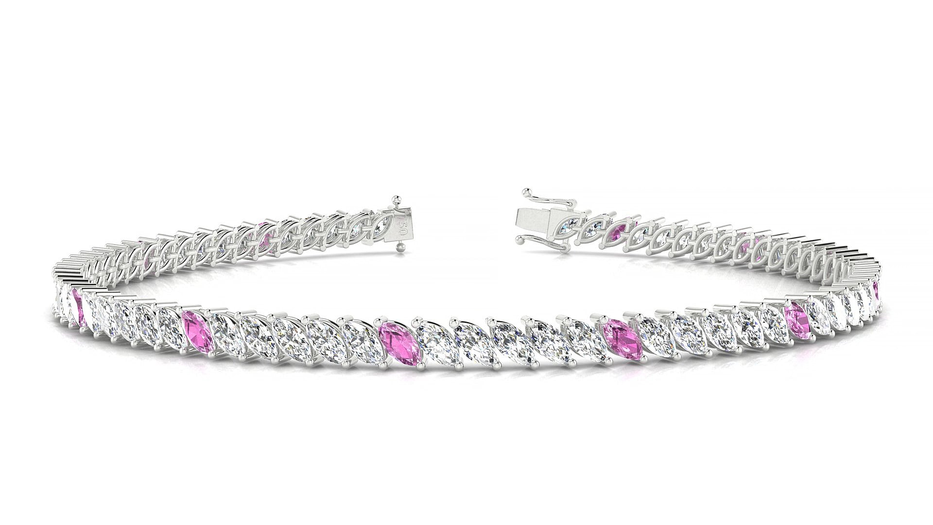 Venezia 1-5 | 18k White Gold 4 x 2 mm Marquise Natural Pink Sapphire & Diamond 15 cm Tennis Bracelet