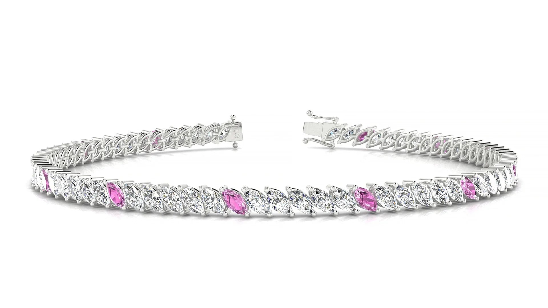 Venezia 1-5 | 18k White Gold 4 x 2 mm Marquise Natural Pink Sapphire & Diamond 18 cm Tennis Bracelet