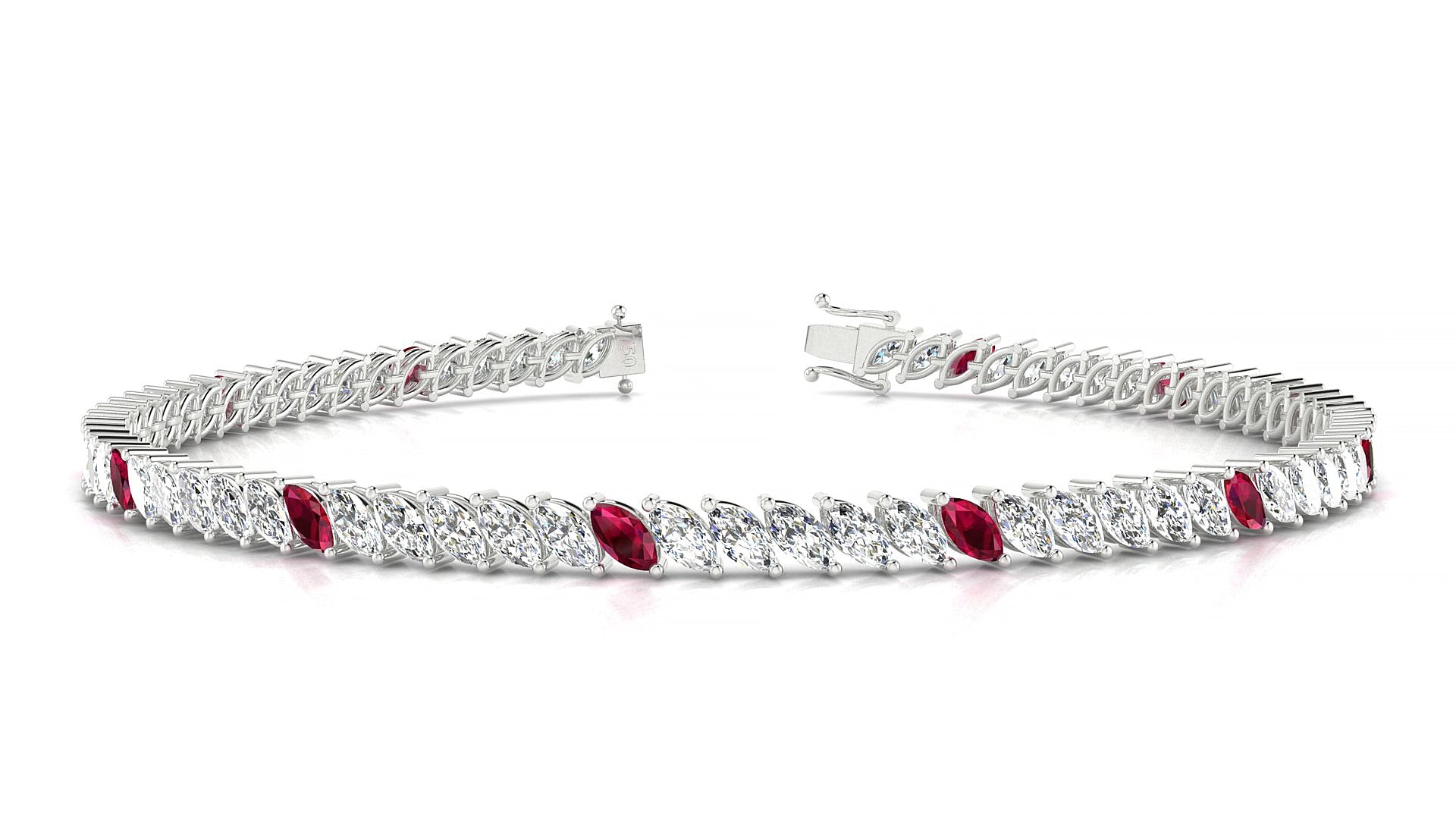 Venezia 1-5 | 18k White Gold 4 x 2 mm Marquise Natural Ruby & Diamond 18 cm Tennis Bracelet