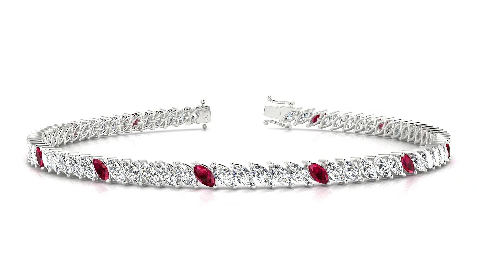 Venezia 1-5 | 18k White Gold 4 x 2 mm Marquise Natural Ruby & Diamond 18 cm Tennis Bracelet