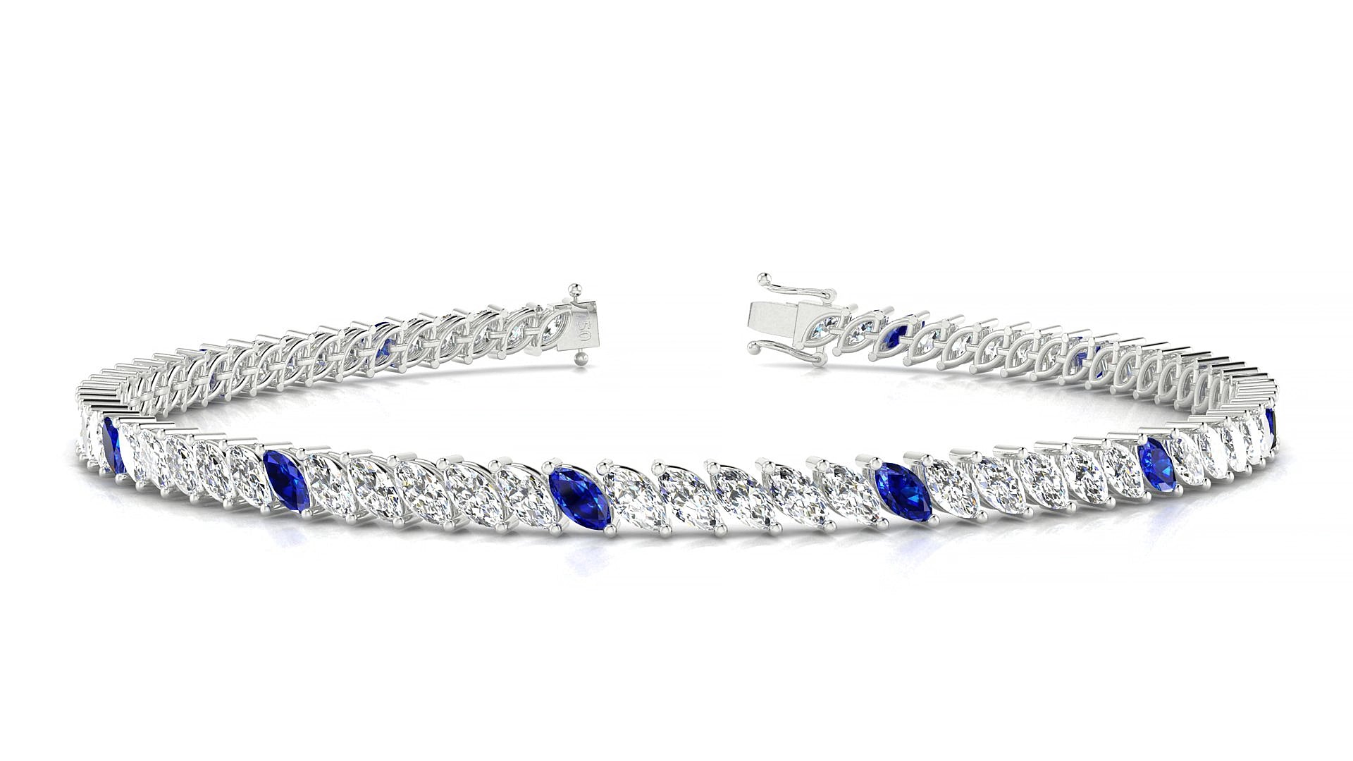 Venezia 1-5 | 18k White Gold 4 x 2 mm Marquise Natural Sapphire & Diamond 16 cm Tennis Bracelet