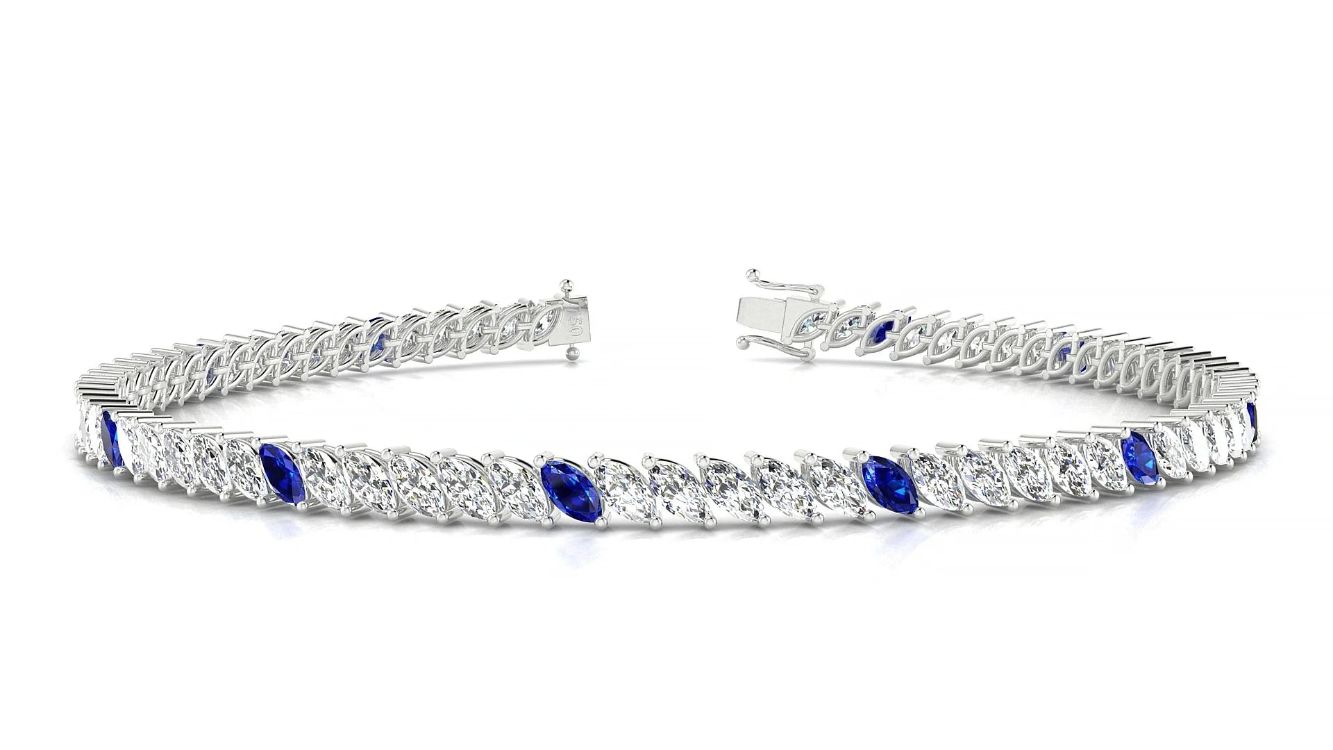Venezia 1-5 | 18k White Gold 4 x 2 mm Marquise Natural Sapphire & Diamond 18 cm Tennis Bracelet