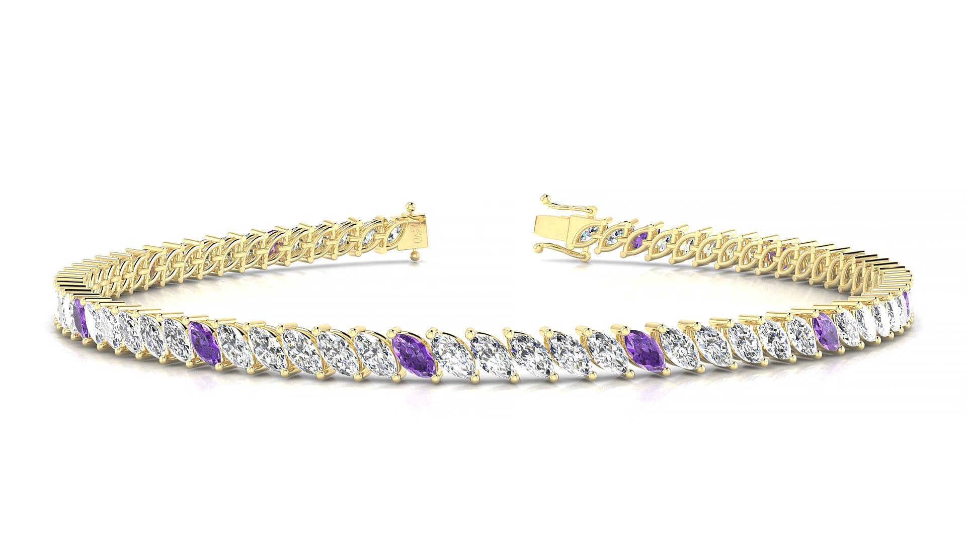 Venezia 1-5 | 18k Yellow Gold 4 x 2 mm Marquise Natural Amethyst & Diamond 18 cm Tennis Bracelet