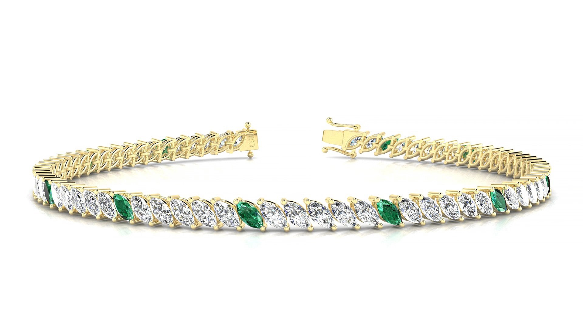 Venezia 1-5 | 18k Yellow Gold 4 x 2 mm Marquise Natural Emerald & Diamond 17 cm Tennis Bracelet