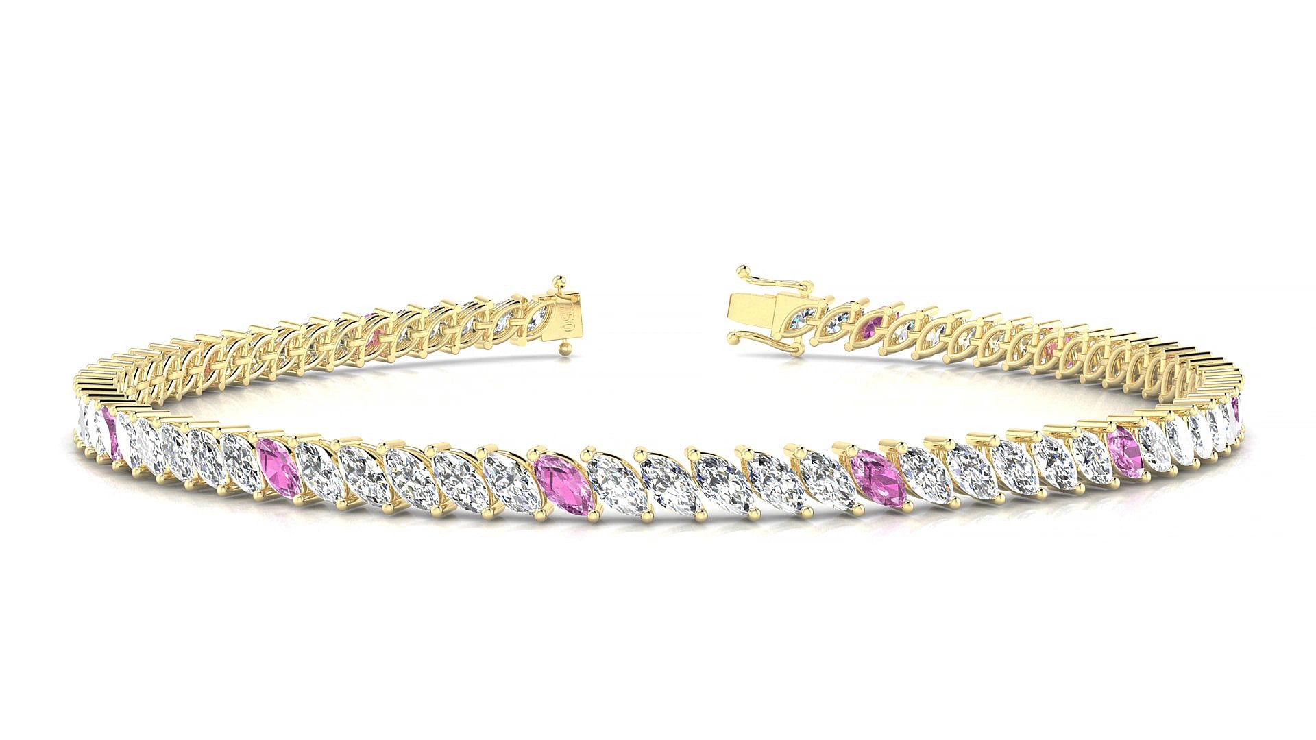 Venezia 1-5 | 18k Yellow Gold 4 x 2 mm Marquise Natural Pink Sapphire & Diamond 15 cm Tennis Bracelet