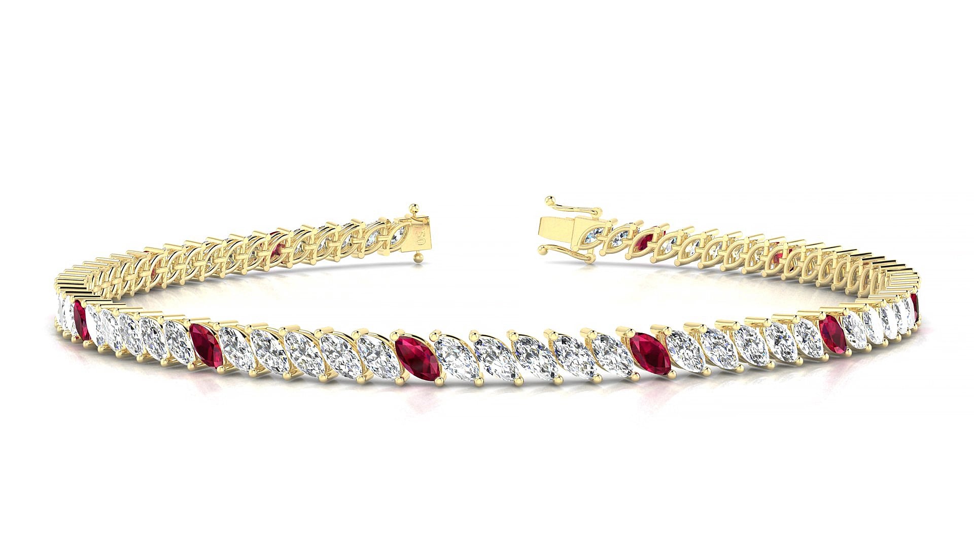 Venezia 1-5 | 18k Yellow Gold 4 x 2 mm Marquise Natural Ruby & Diamond 15 cm Tennis Bracelet