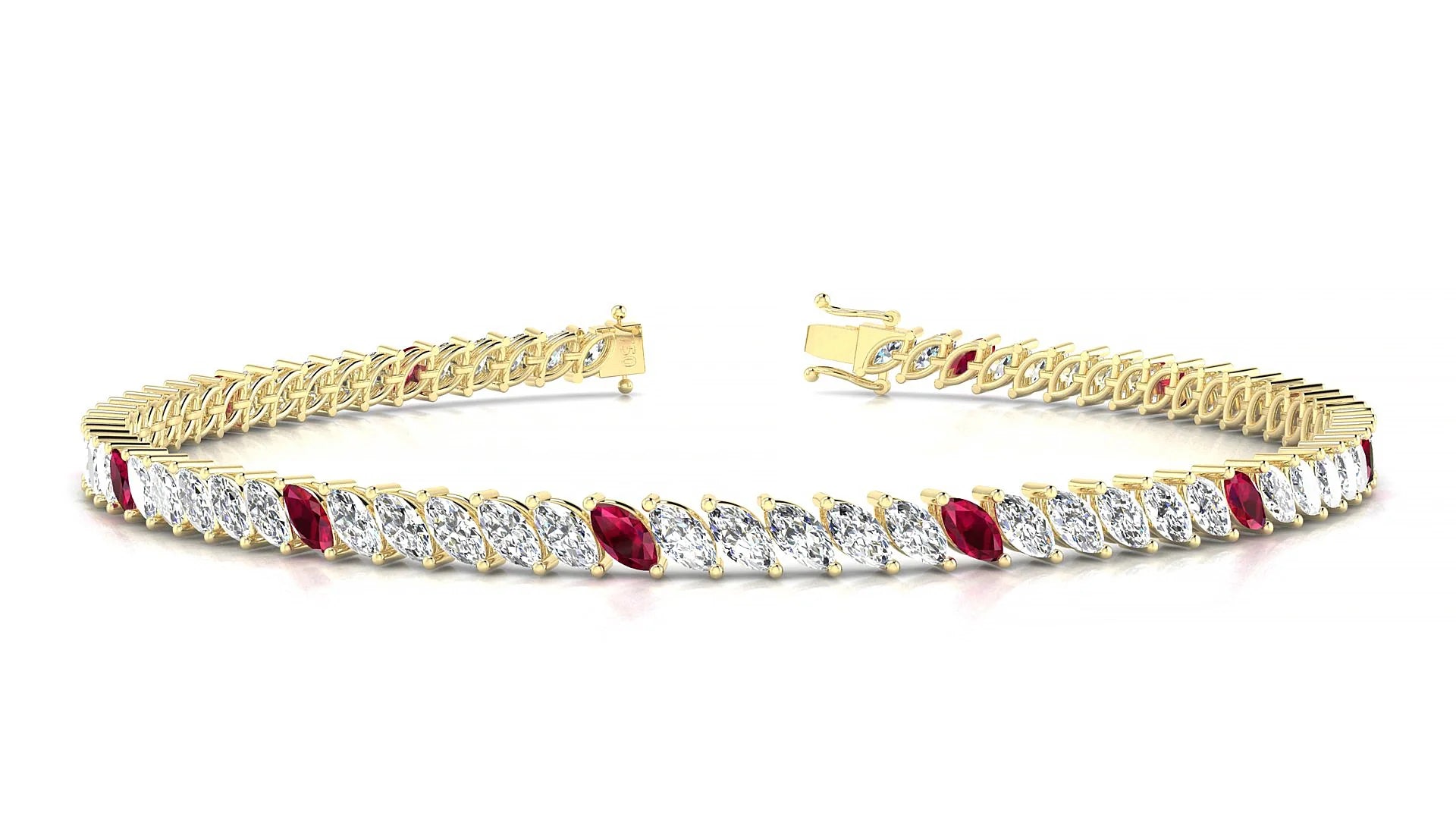 Venezia 1-5 | 18k Yellow Gold 4 x 2 mm Marquise Natural Ruby & Diamond 18 cm Tennis Bracelet