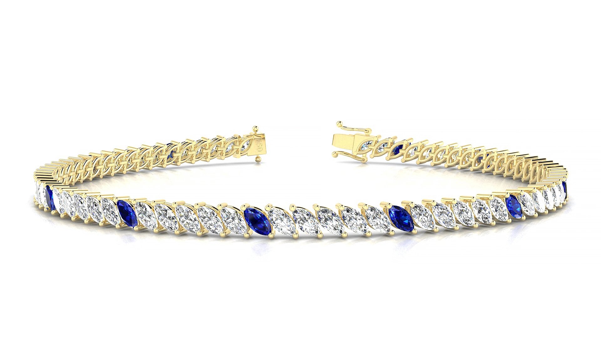 Venezia 1-5 | 18k Yellow Gold 4 x 2 mm Marquise Natural Sapphire & Diamond 17 cm Tennis Bracelet