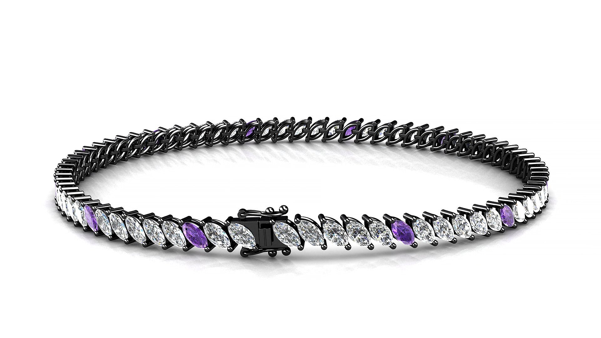 Venezia 1-5 | 18k Black Gold 4 x 2 mm Marquise Natural Amethyst & Diamond 20 cm Tennis Bracelet