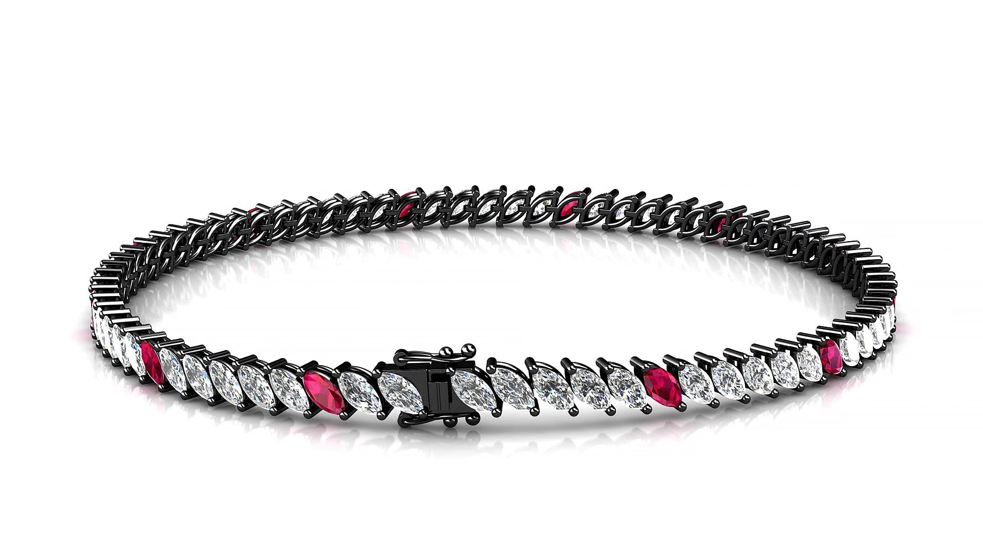 Venezia 1-5 | 18k Black Gold 4 x 2 mm Marquise Natural Ruby & Diamond 19 cm Tennis Bracelet
