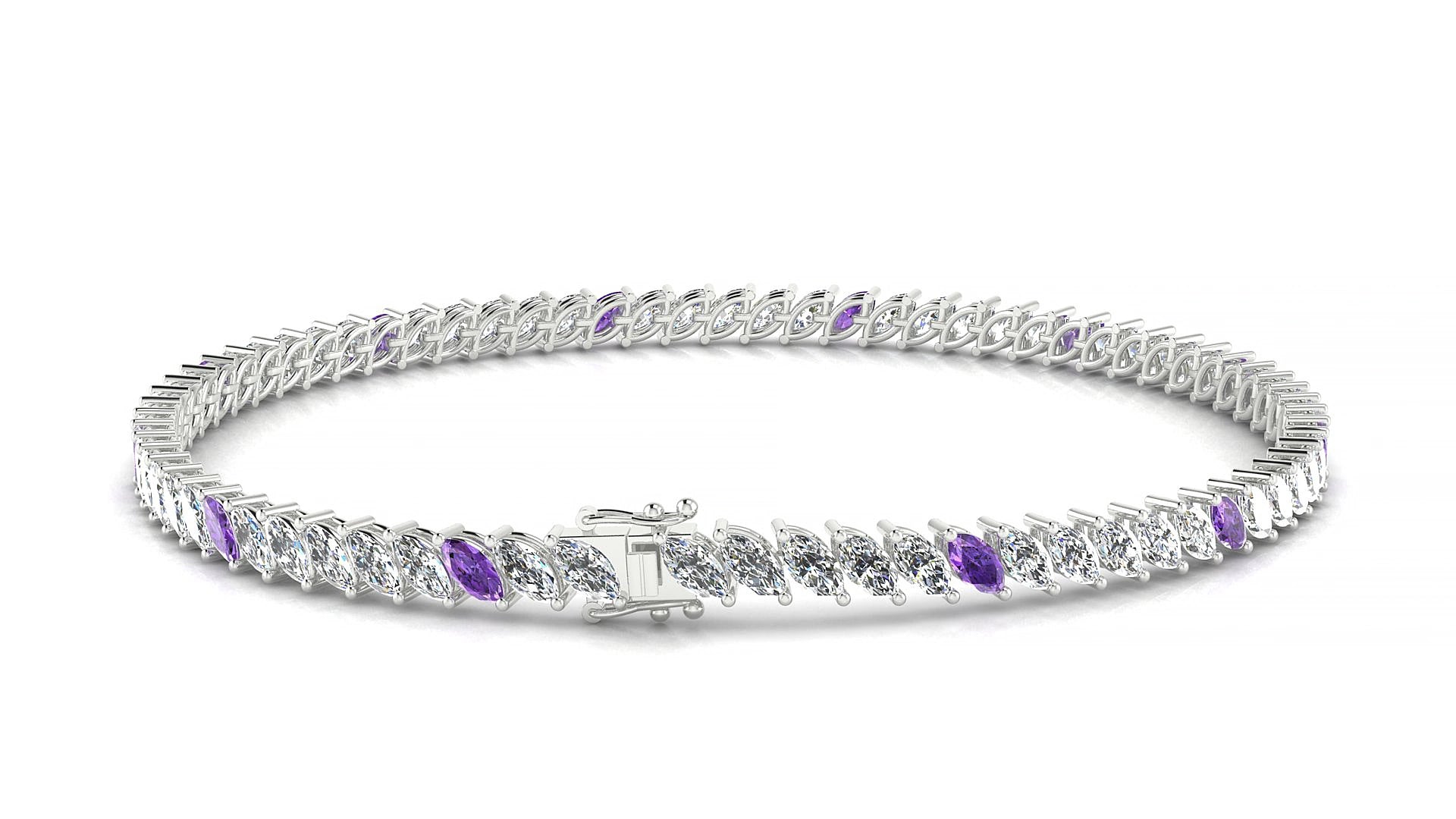 Venezia 1-5 | 18k White Gold 4 x 2 mm Marquise Natural Amethyst & Diamond 20 cm Tennis Bracelet