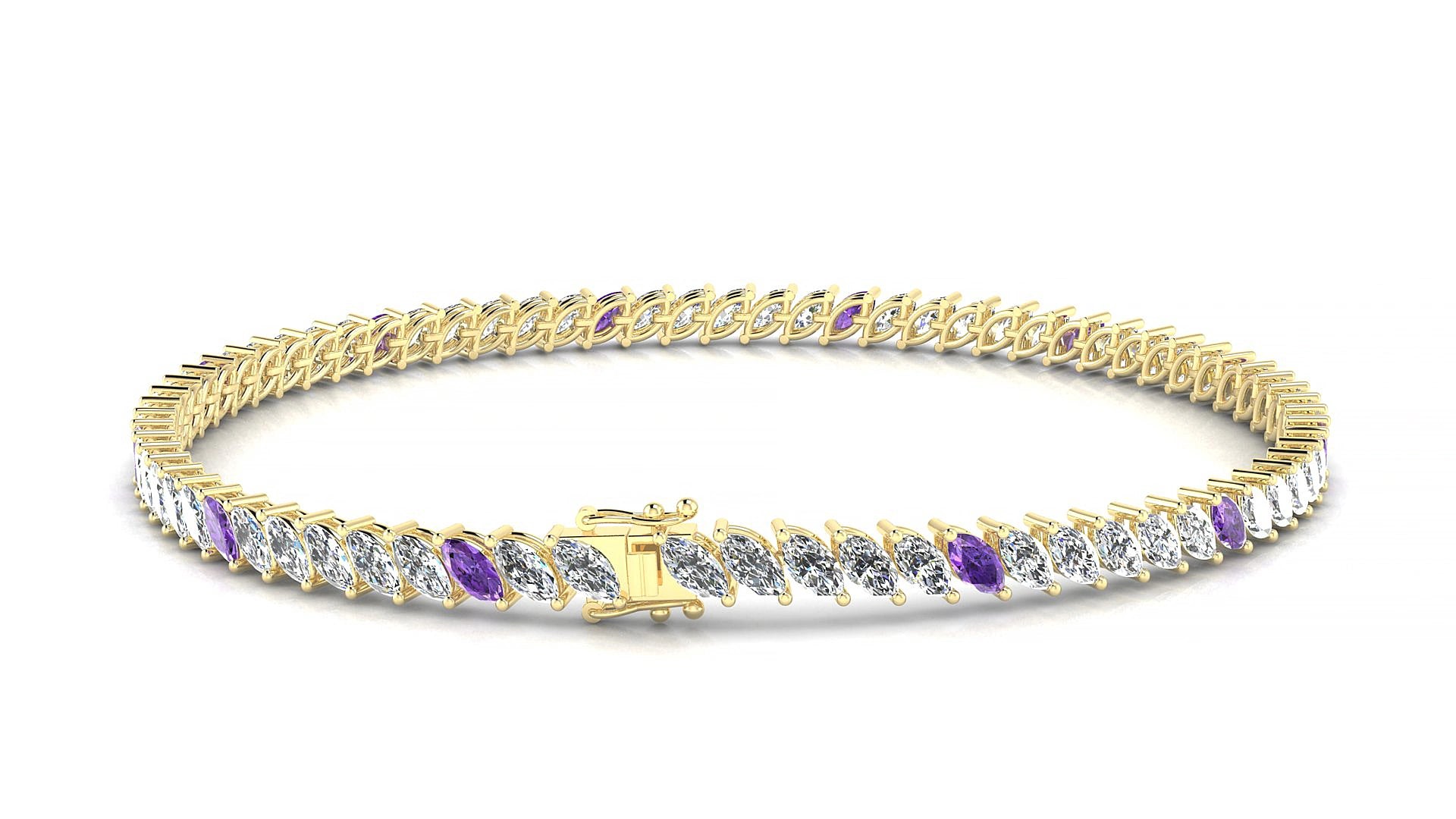 Venezia 1-5 | 18k Yellow Gold 4 x 2 mm Marquise Natural Amethyst & Diamond 15 cm Tennis Bracelet