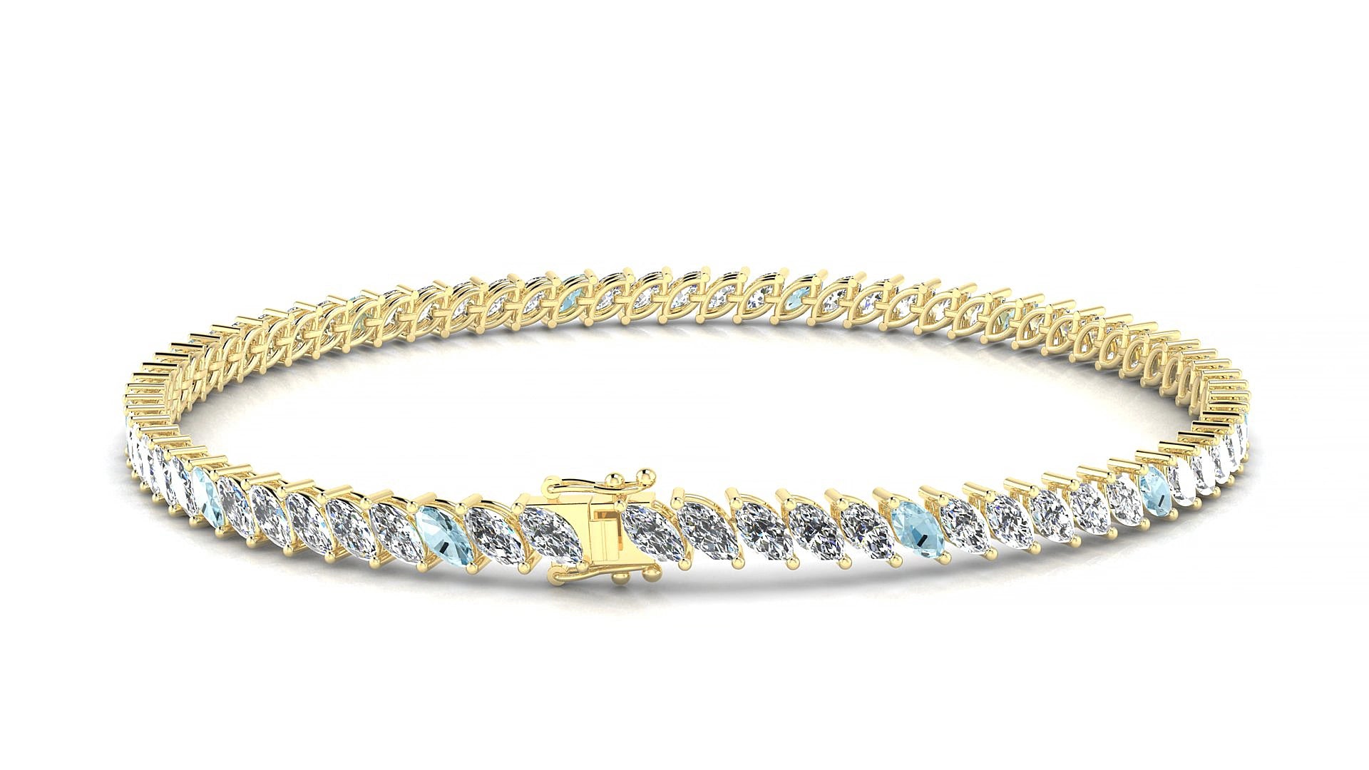 Venezia 1-5 | 18k Yellow Gold 4 x 2 mm Marquise Natural Aquamarine & Diamond 15 cm Tennis Bracelet