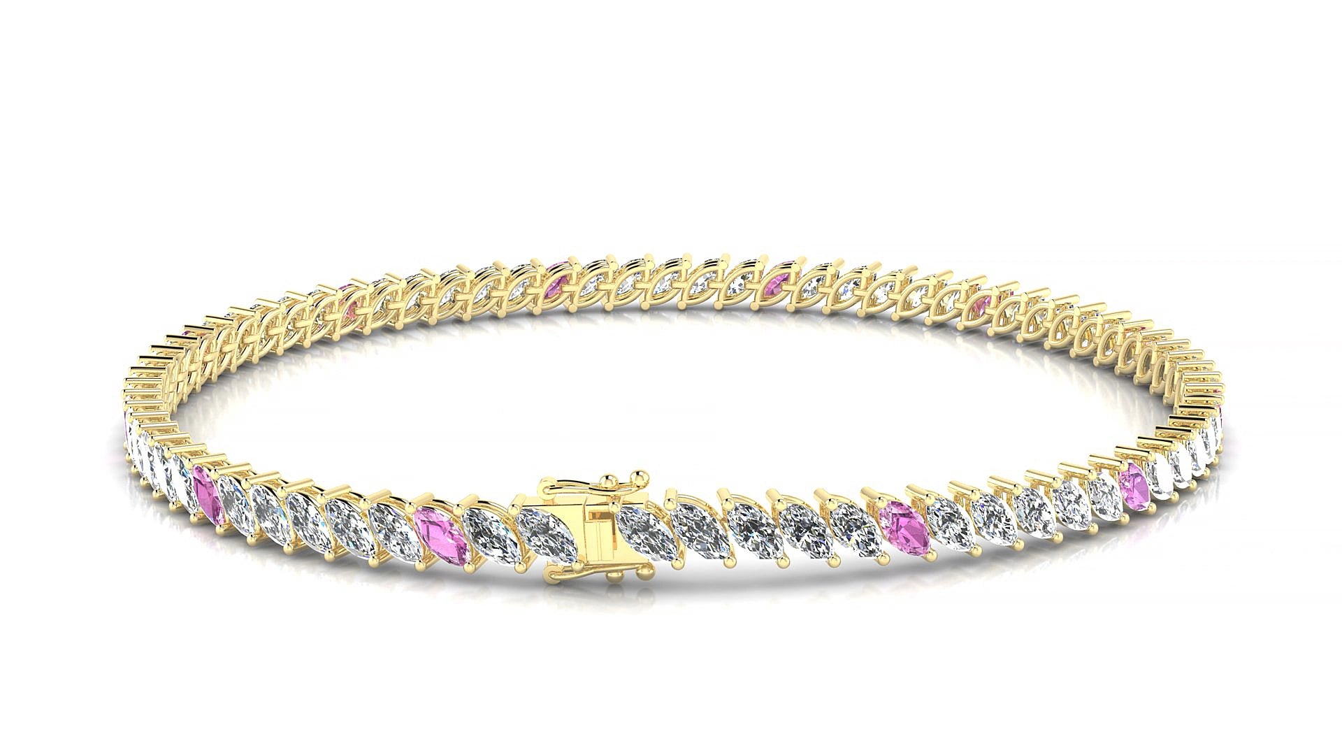Venezia 1-5 | 18k Yellow Gold 4 x 2 mm Marquise Natural Pink Sapphire & Diamond 15 cm Tennis Bracelet