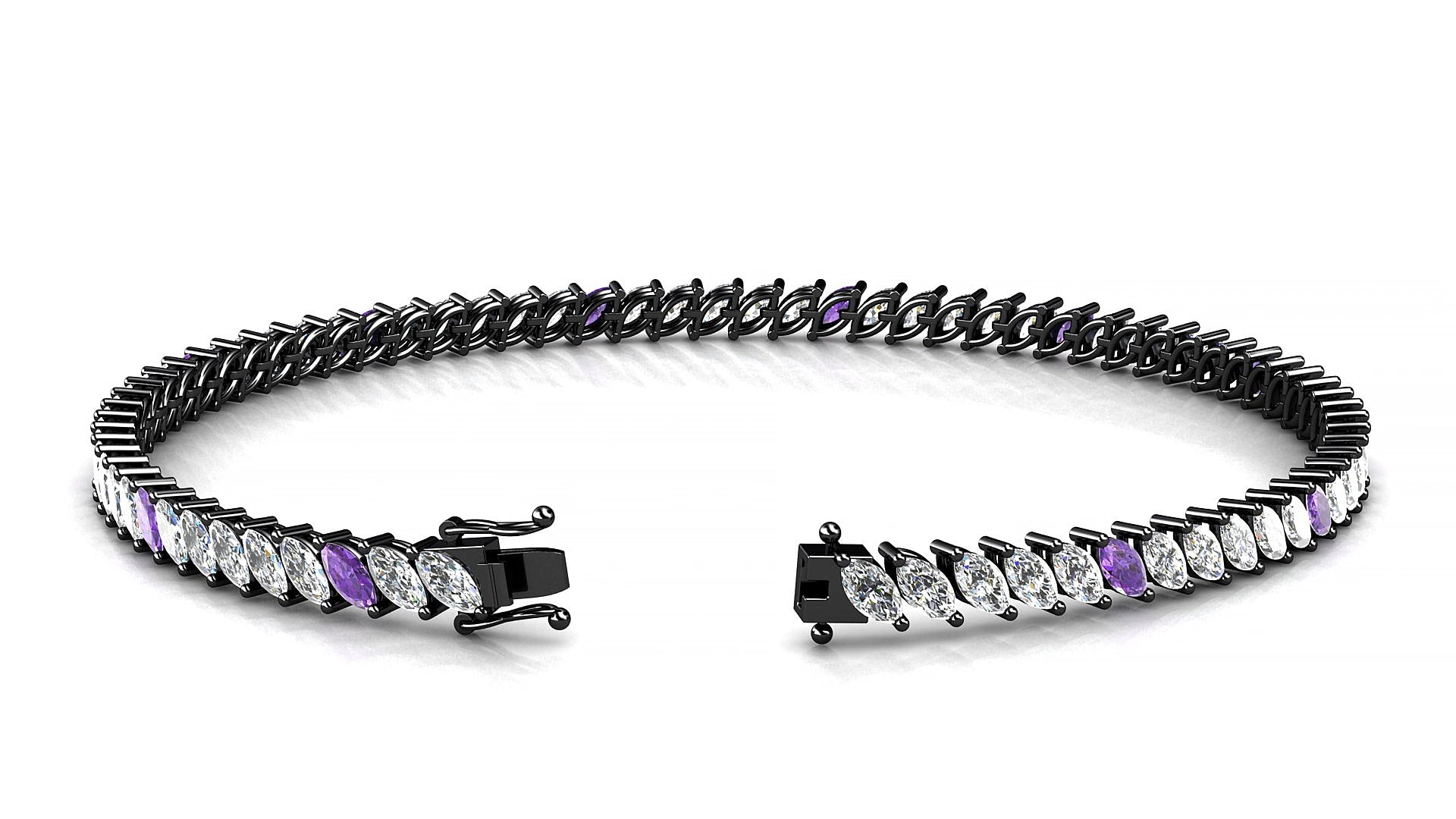 Venezia 1-5 | 18k Black Gold 4 x 2 mm Marquise Natural Amethyst & Diamond 15 cm Tennis Bracelet
