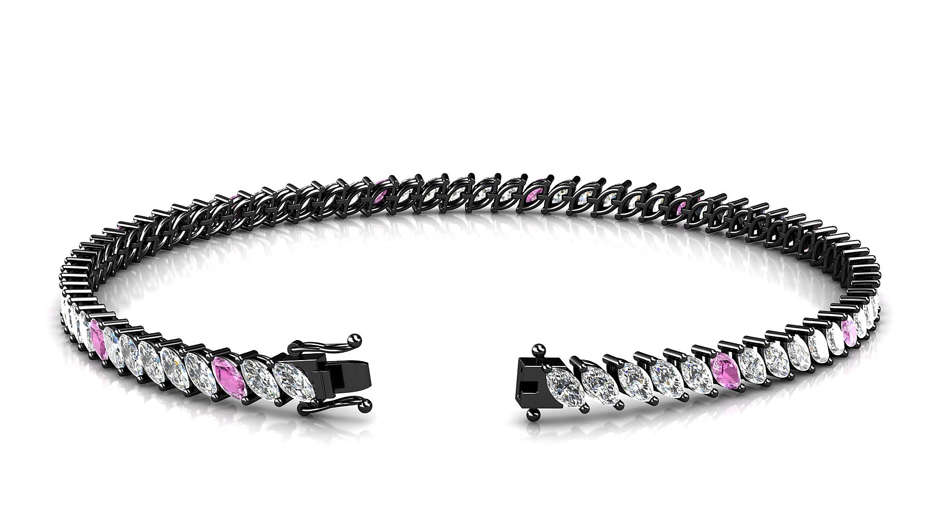 Venezia 1-5 | 18k Black Gold 4 x 2 mm Marquise Natural Pink Sapphire & Diamond 15 cm Tennis Bracelet
