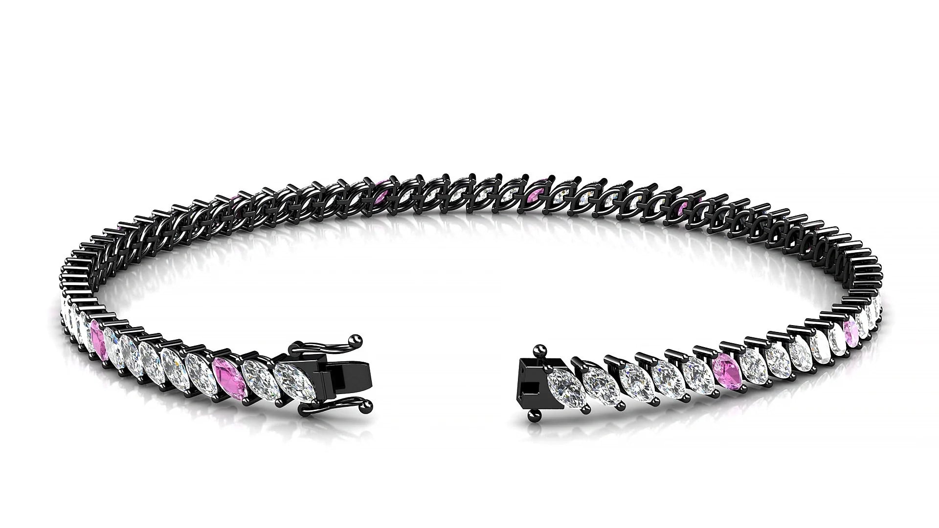 Venezia 1-5 | 18k Black Gold 4 x 2 mm Marquise Natural Pink Sapphire & Diamond 18 cm Tennis Bracelet