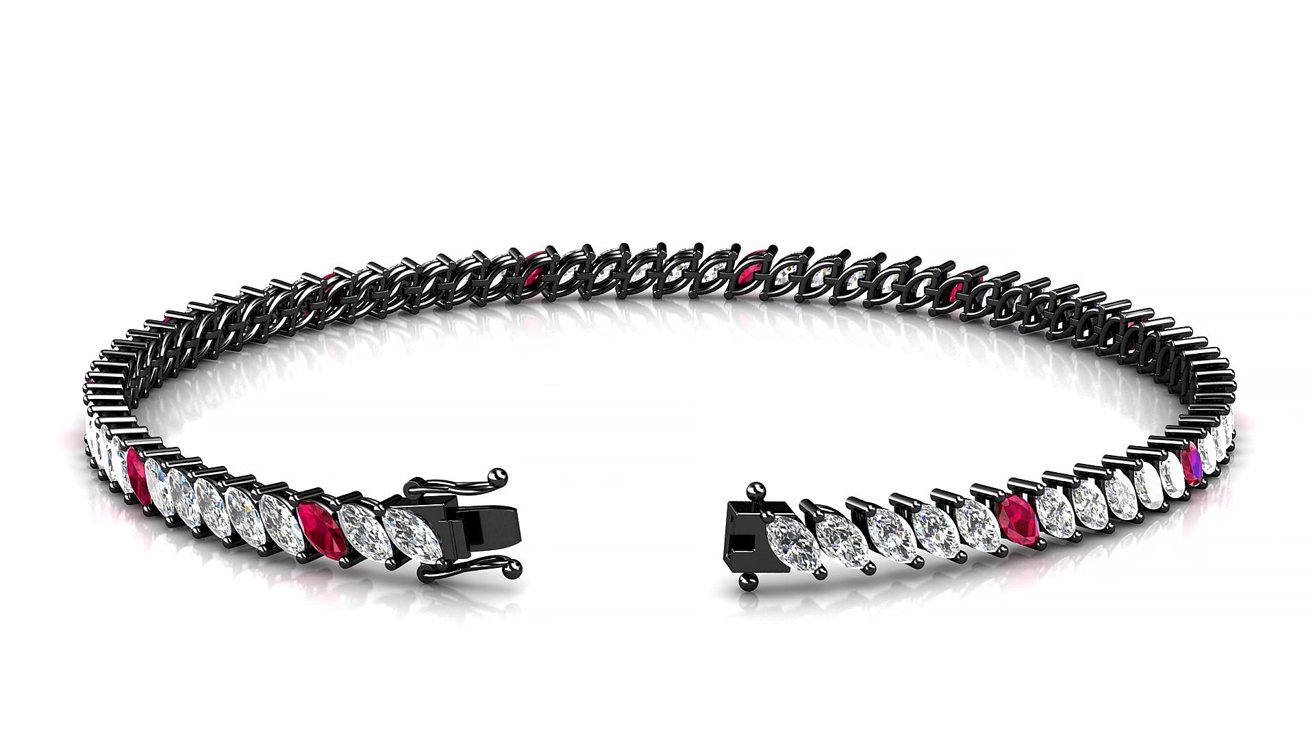 Venezia 1-5 | 18k Black Gold 4 x 2 mm Marquise Natural Ruby & Diamond 17 cm Tennis Bracelet