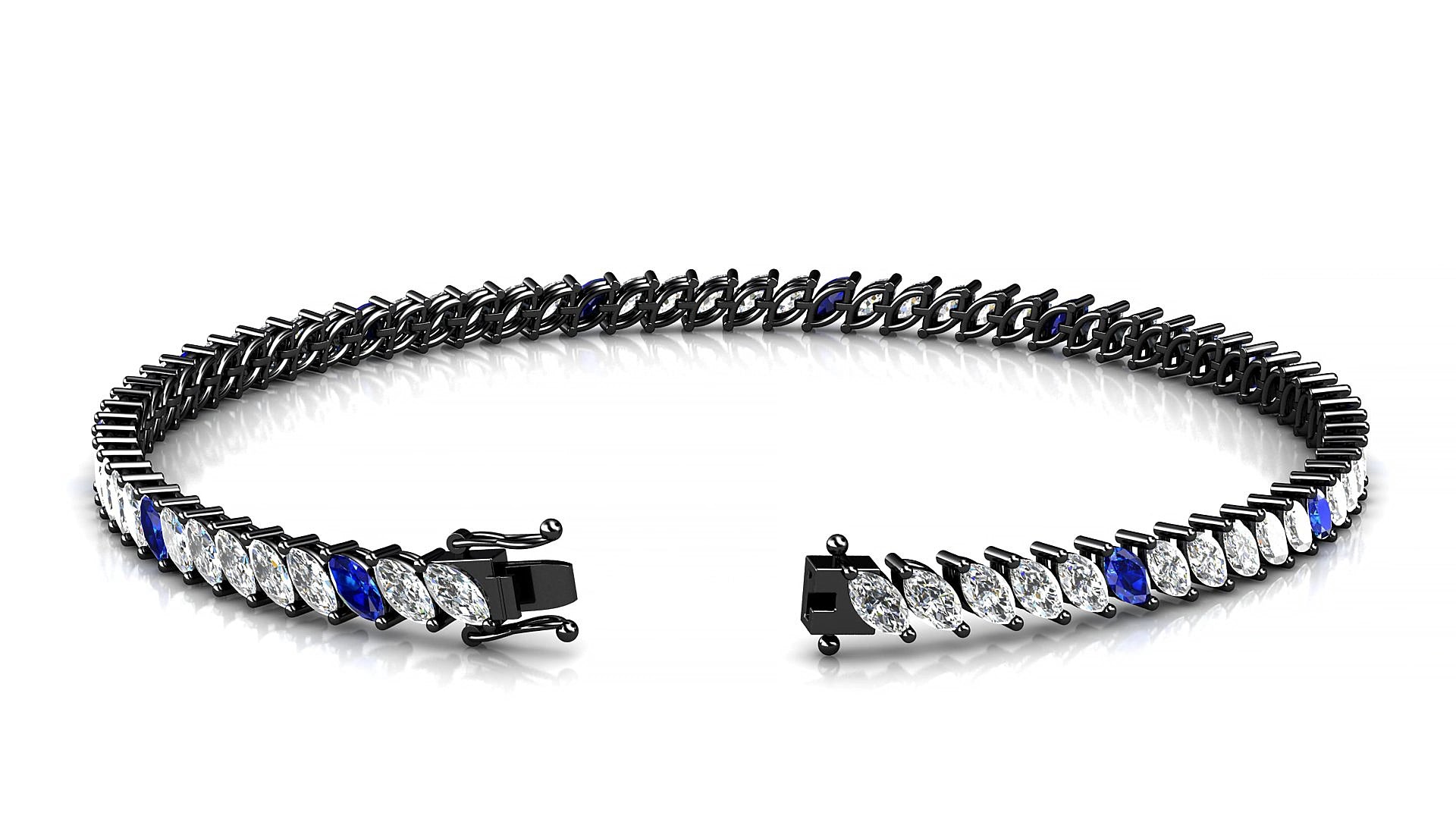 Venezia 1-5 | 18k Black Gold 4 x 2 mm Marquise Natural Sapphire & Diamond 15 cm Tennis Bracelet