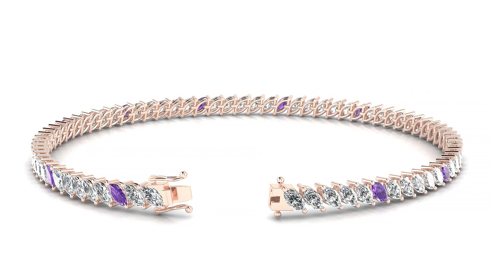 Venezia 1-5 | 18k Rose Gold 4 x 2 mm Marquise Natural Amethyst & Diamond 15 cm Tennis Bracelet