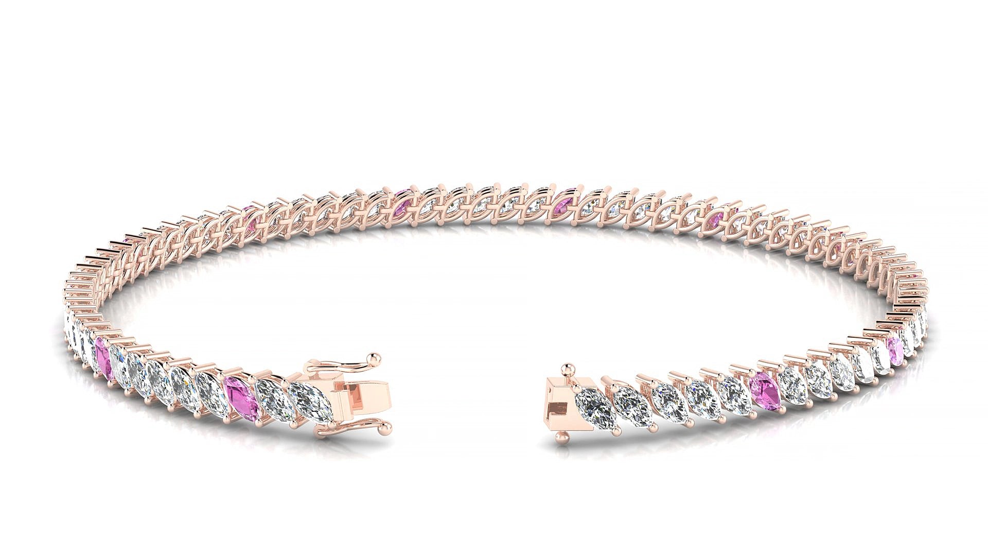 Venezia 1-5 | 18k Rose Gold 4 x 2 mm Marquise Natural Pink Sapphire & Diamond 15 cm Tennis Bracelet