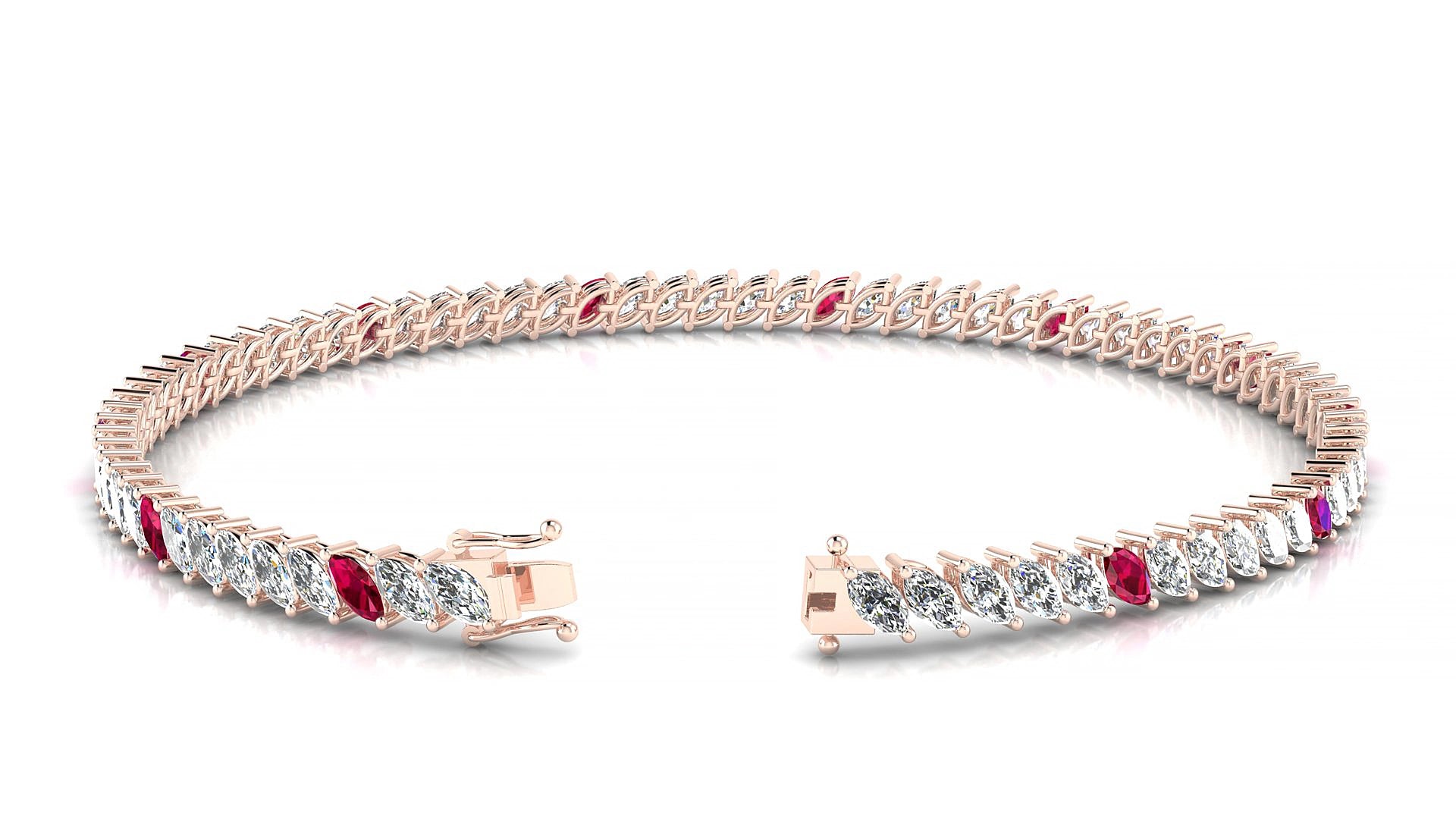 Venezia 1-5 | 18k Rose Gold 4 x 2 mm Marquise Natural Ruby & Diamond 15 cm Tennis Bracelet