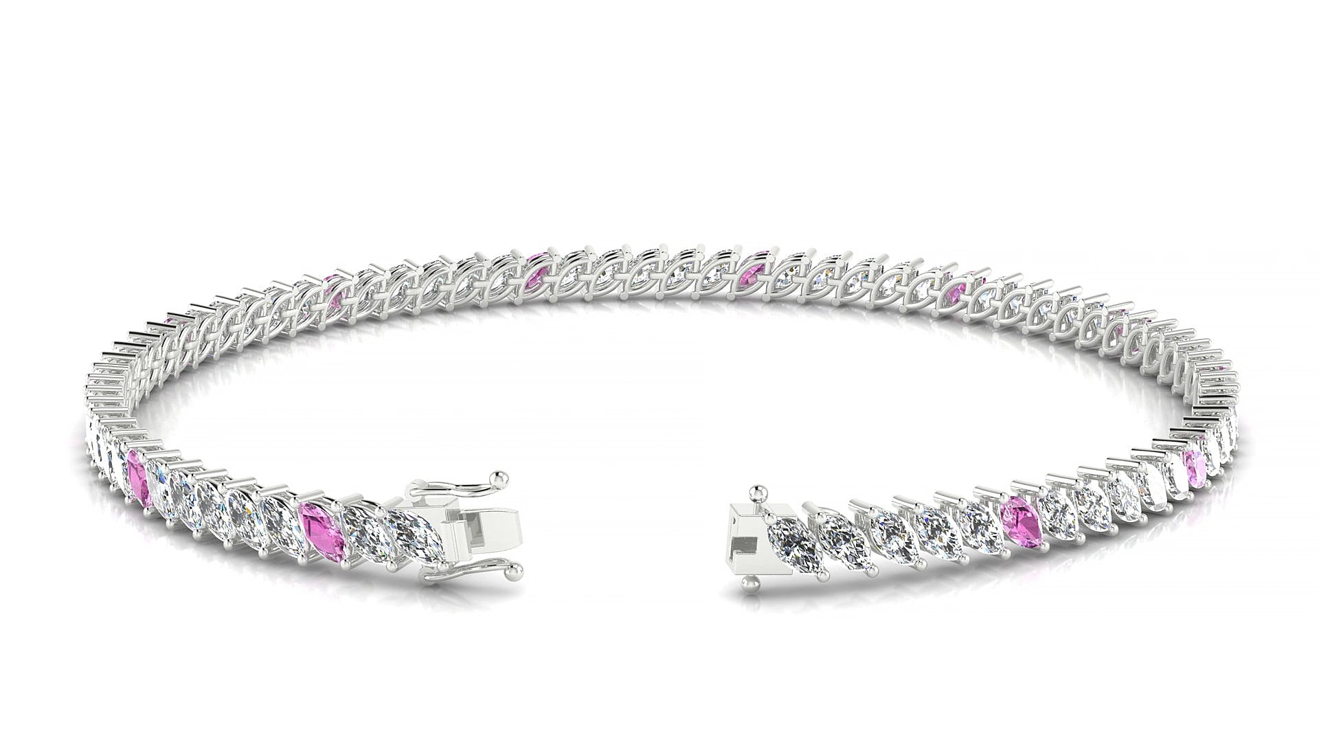 Venezia 1-5 | 18k White Gold 4 x 2 mm Marquise Natural Pink Sapphire & Diamond 19 cm Tennis Bracelet