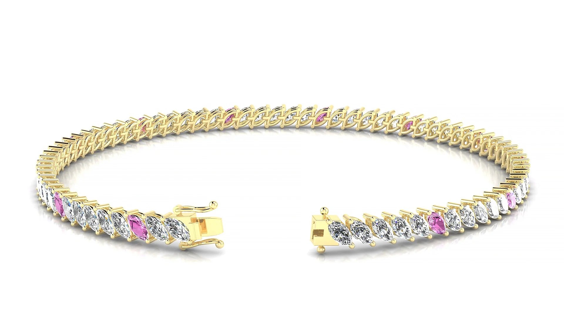 Venezia 1-5 | 18k Yellow Gold 4 x 2 mm Marquise Natural Pink Sapphire & Diamond 18 cm Tennis Bracelet
