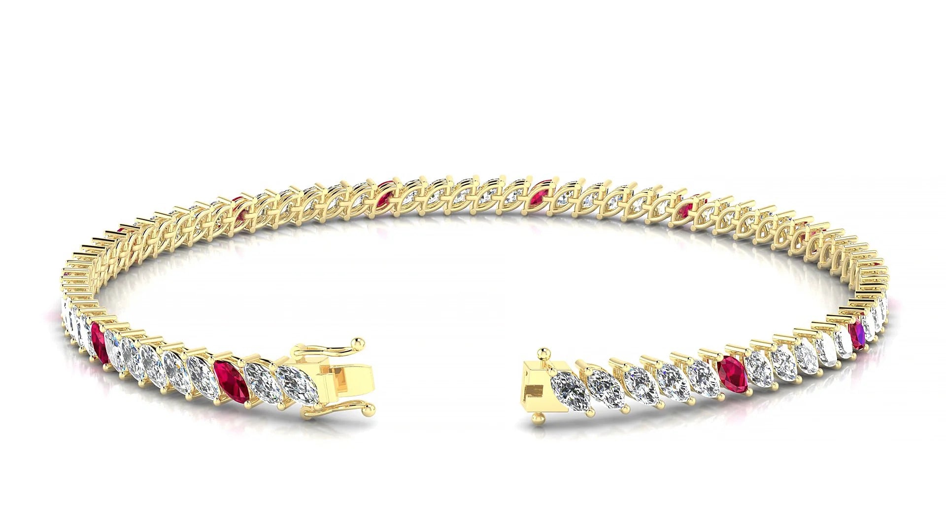 Venezia 1-5 | 18k Yellow Gold 4 x 2 mm Marquise Natural Ruby & Diamond 18 cm Tennis Bracelet