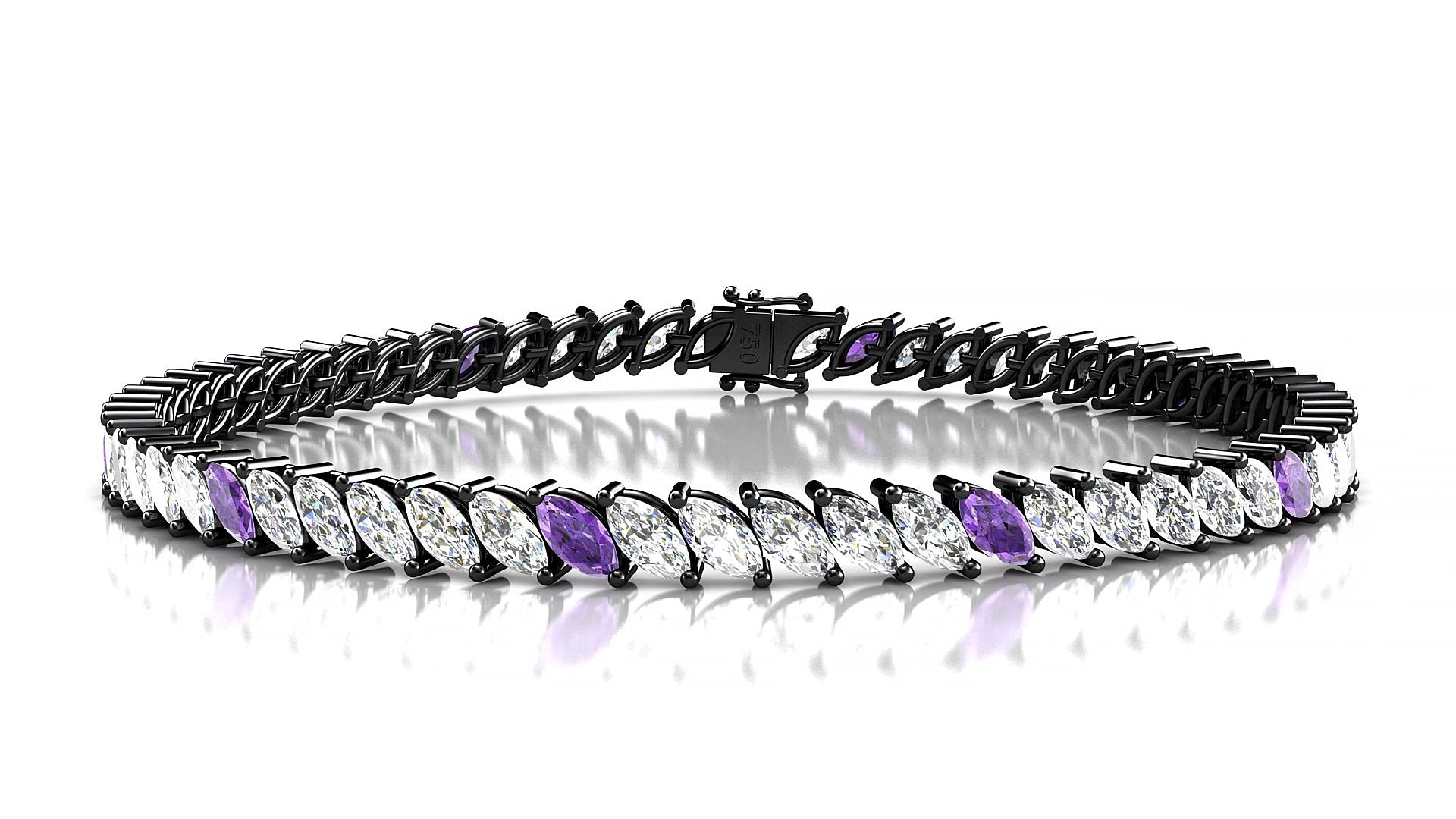 Venezia 1-5 | 18k Black Gold 5 x 2.5 mm Marquise Natural Amethyst & Diamond 15 cm Tennis Bracelet
