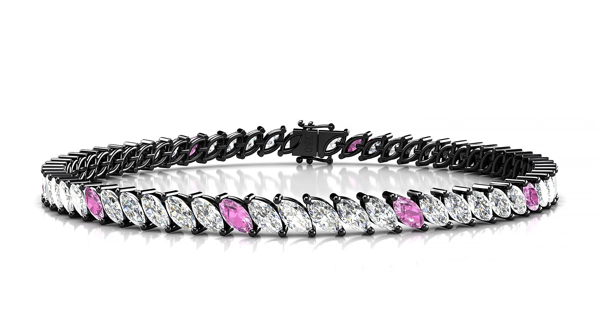 Venezia 1-5 | 18k Black Gold 5 x 2.5 mm Marquise Natural Pink Sapphire & Diamond 18 cm Tennis Bracelet