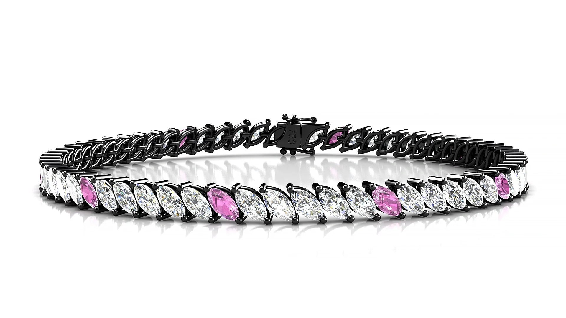 Venezia 1-5 | 18k Black Gold 5 x 2.5 mm Marquise Natural Pink Sapphire & Diamond 18 cm Tennis Bracelet