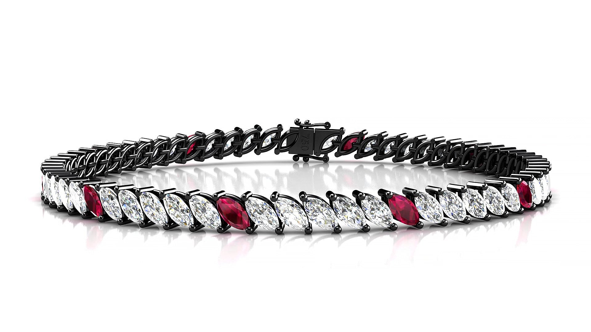 Venezia 1-5 | 18k Black Gold 5 x 2.5 mm Marquise Natural Ruby & Diamond 15 cm Tennis Bracelet