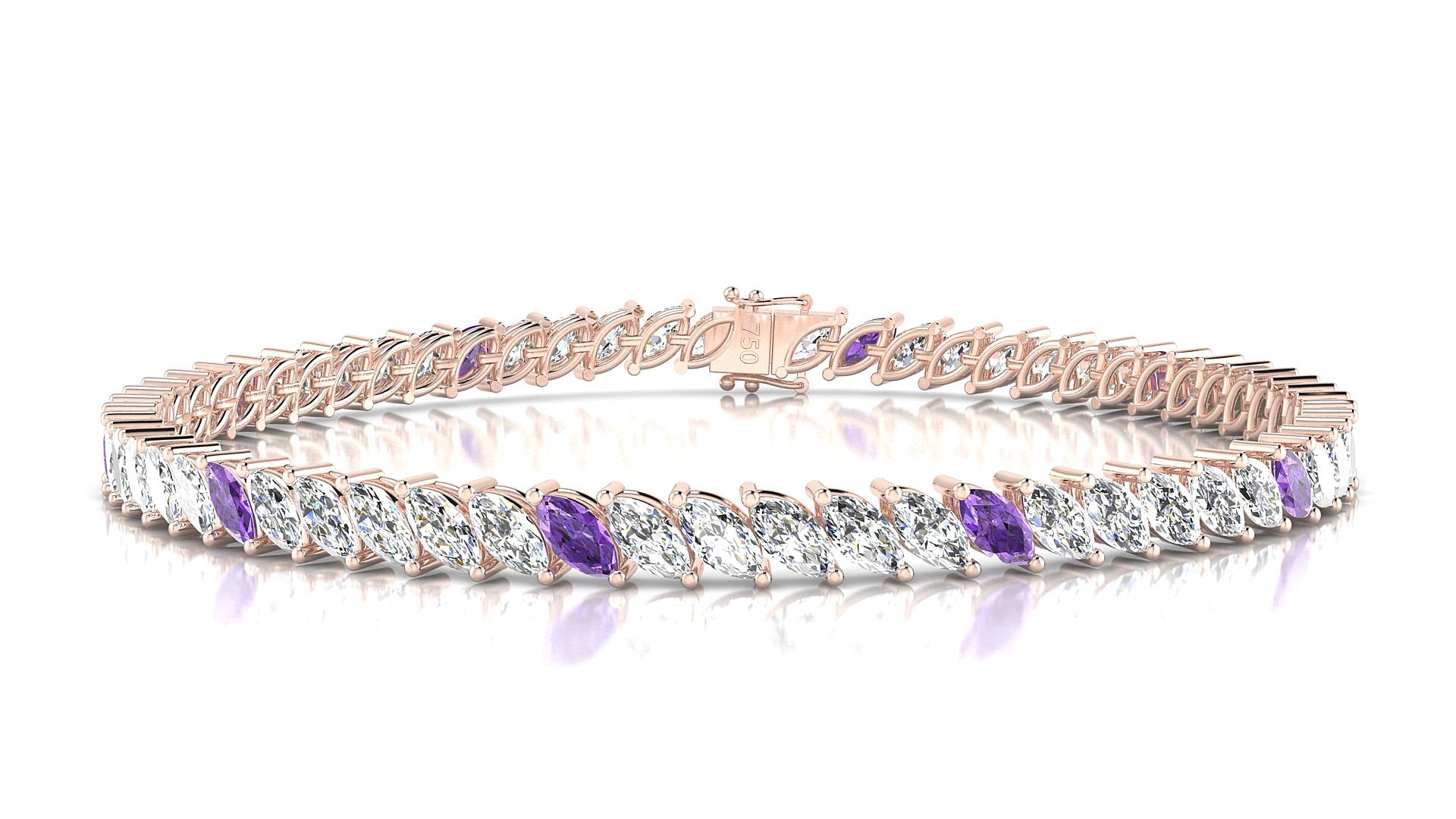 Venezia 1-5 | 18k Rose Gold 5 x 2.5 mm Marquise Natural Amethyst & Diamond 15 cm Tennis Bracelet