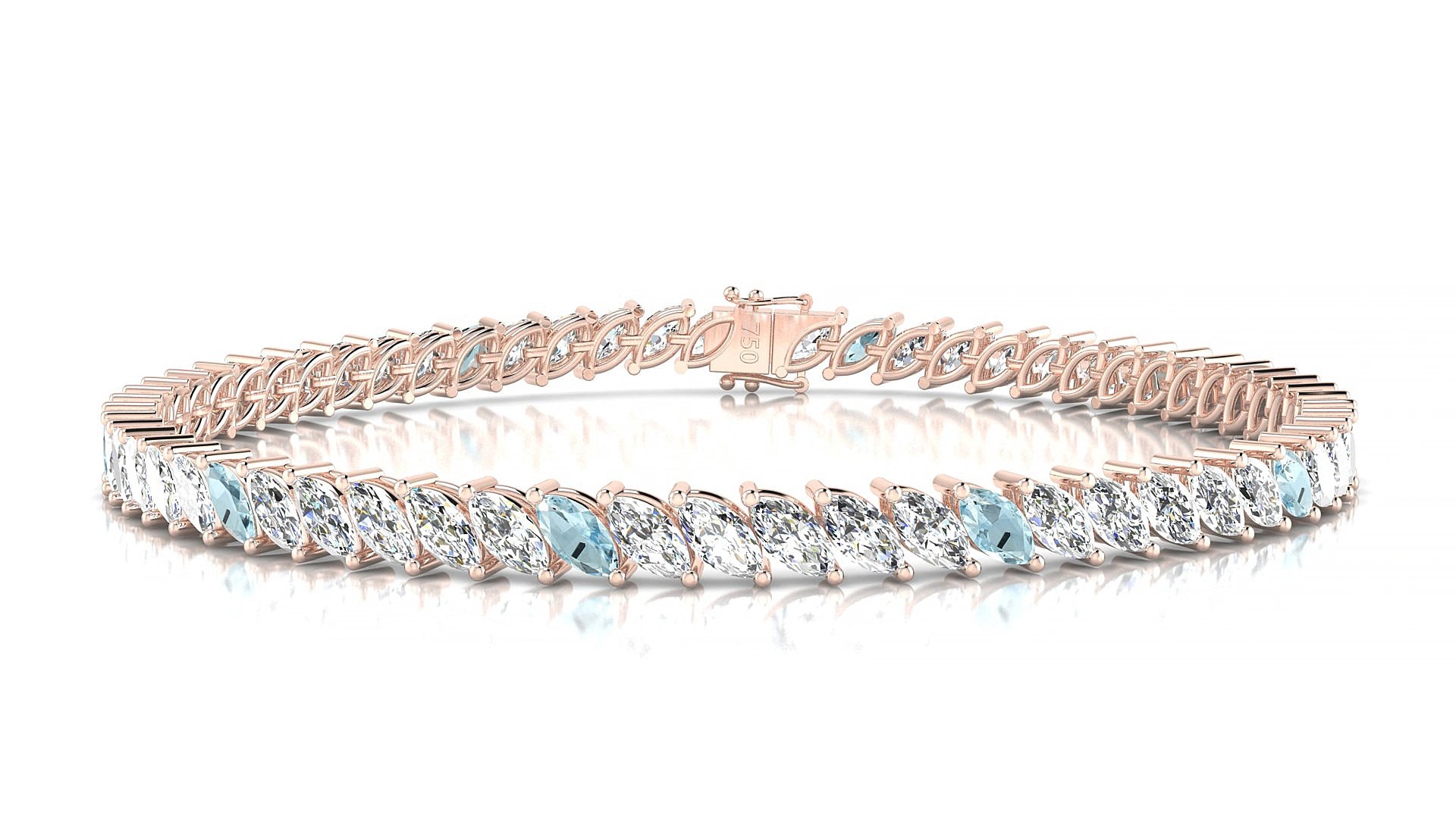 Venezia 1-5 | 18k Rose Gold 5 x 2.5 mm Marquise Natural Aquamarine & Diamond 15 cm Tennis Bracelet