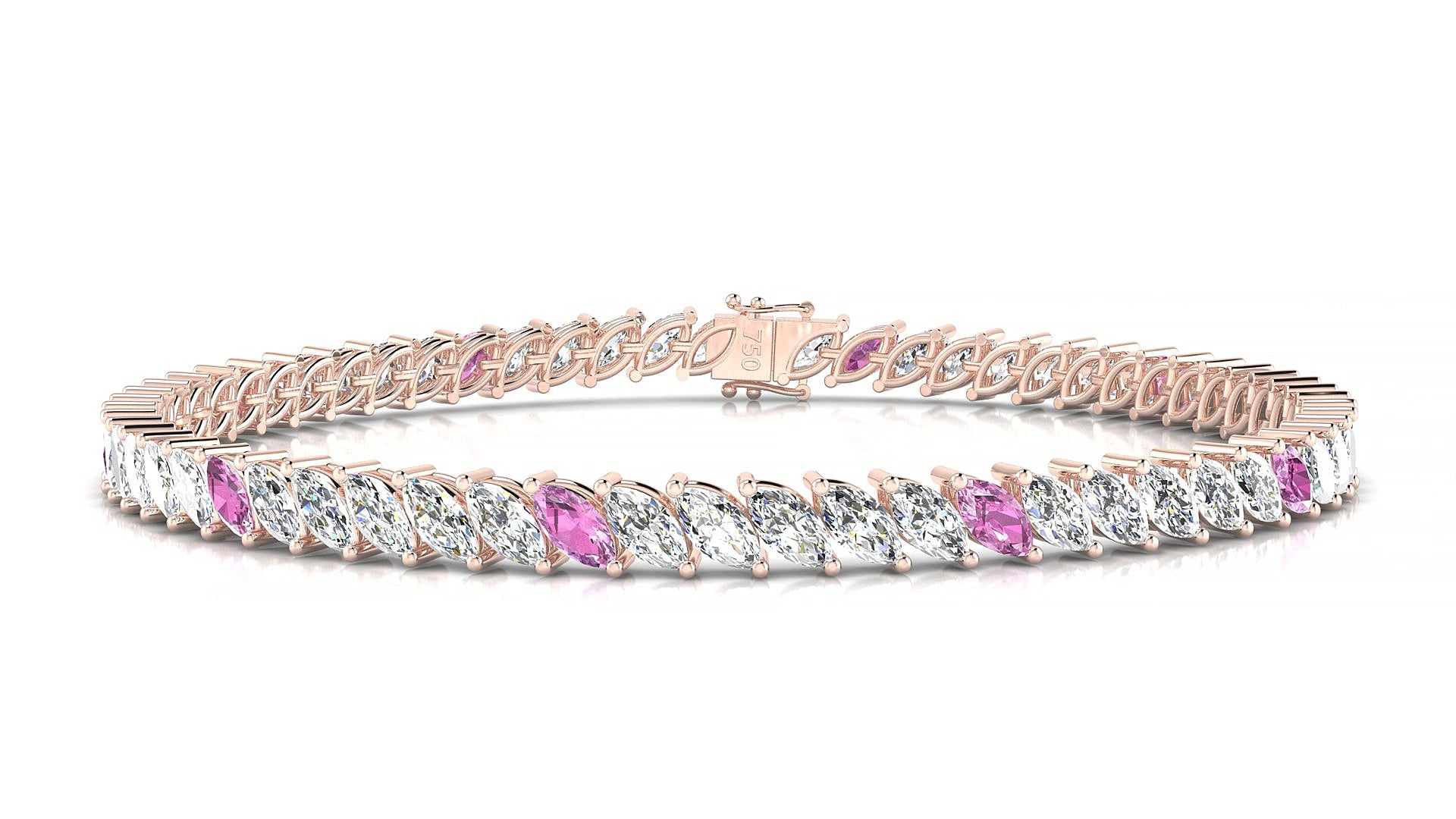 Venezia 1-5 | 18k Rose Gold 5 x 2.5 mm Marquise Natural Pink Sapphire & Diamond 18 cm Tennis Bracelet