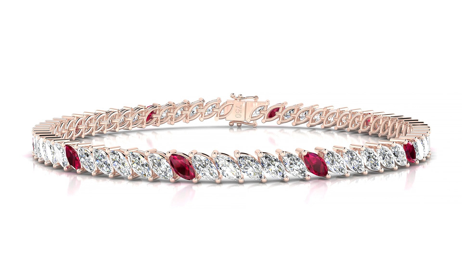 Venezia 1-5 | 18k Rose Gold 5 x 2.5 mm Marquise Natural Ruby & Diamond 20 cm Tennis Bracelet