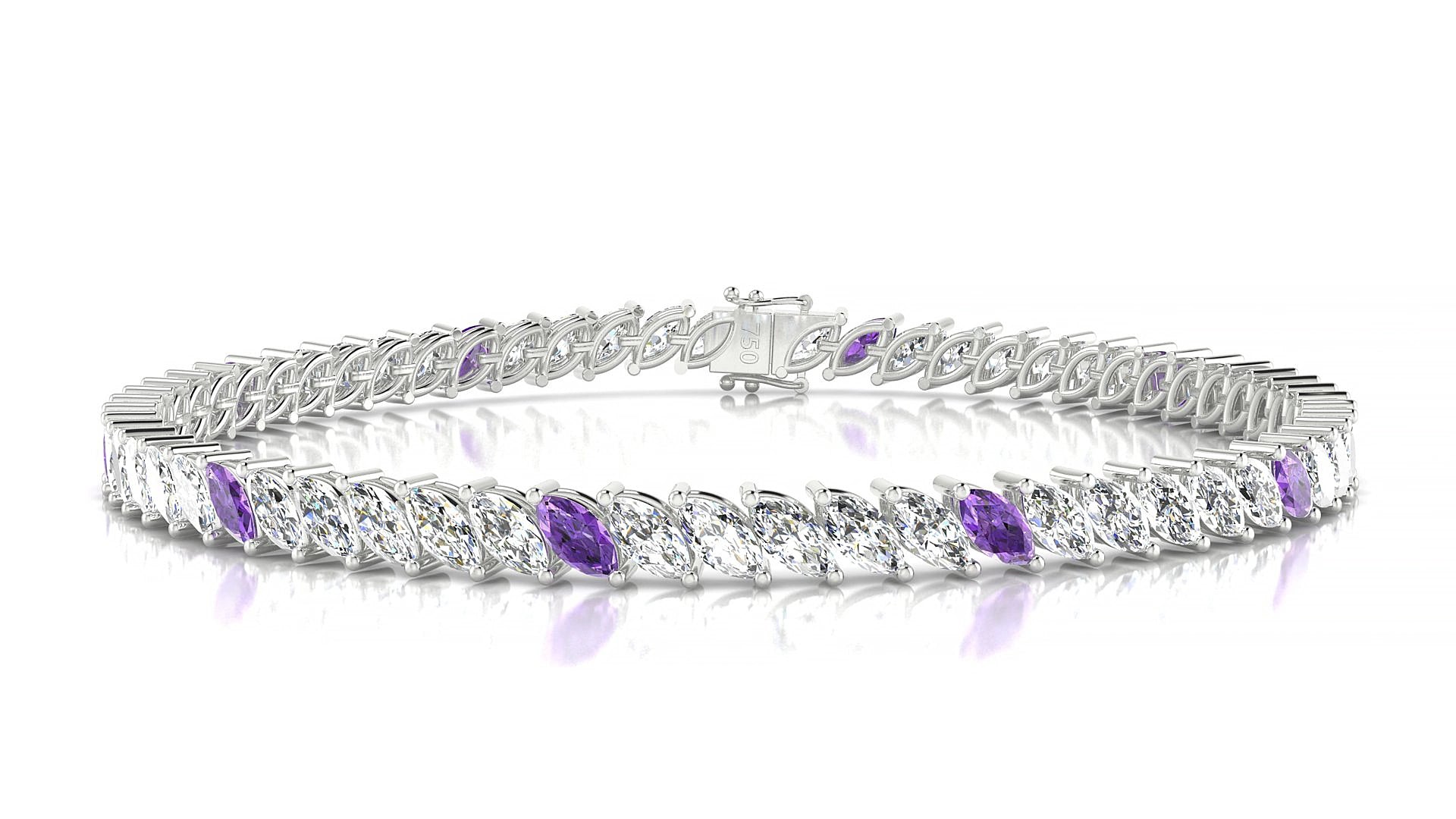 Venezia 1-5 | 18k White Gold 5 x 2.5 mm Marquise Natural Amethyst & Diamond 15 cm Tennis Bracelet