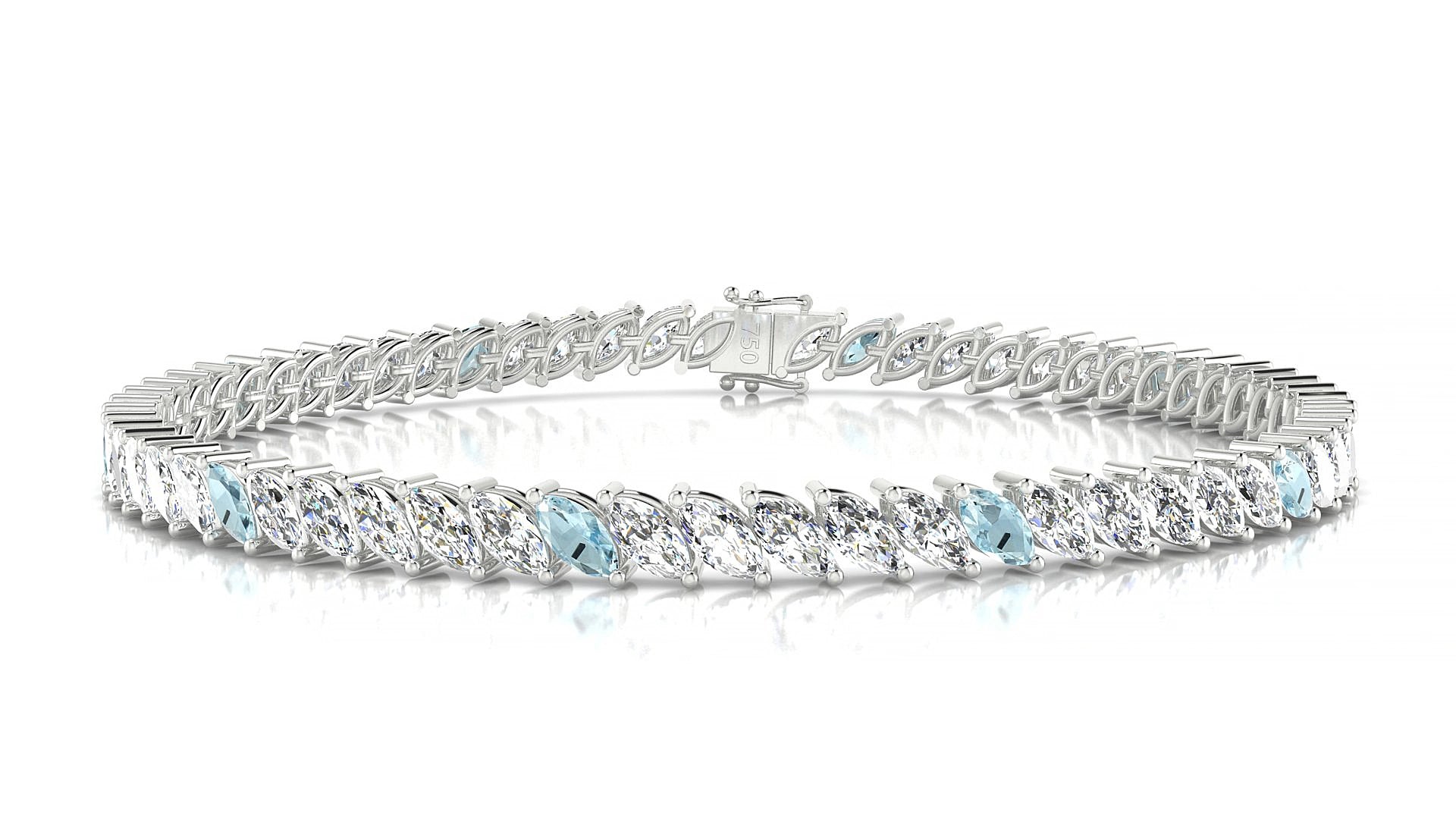 Venezia 1-5 | 18k White Gold 5 x 2.5 mm Marquise Natural Aquamarine & Diamond 15 cm Tennis Bracelet