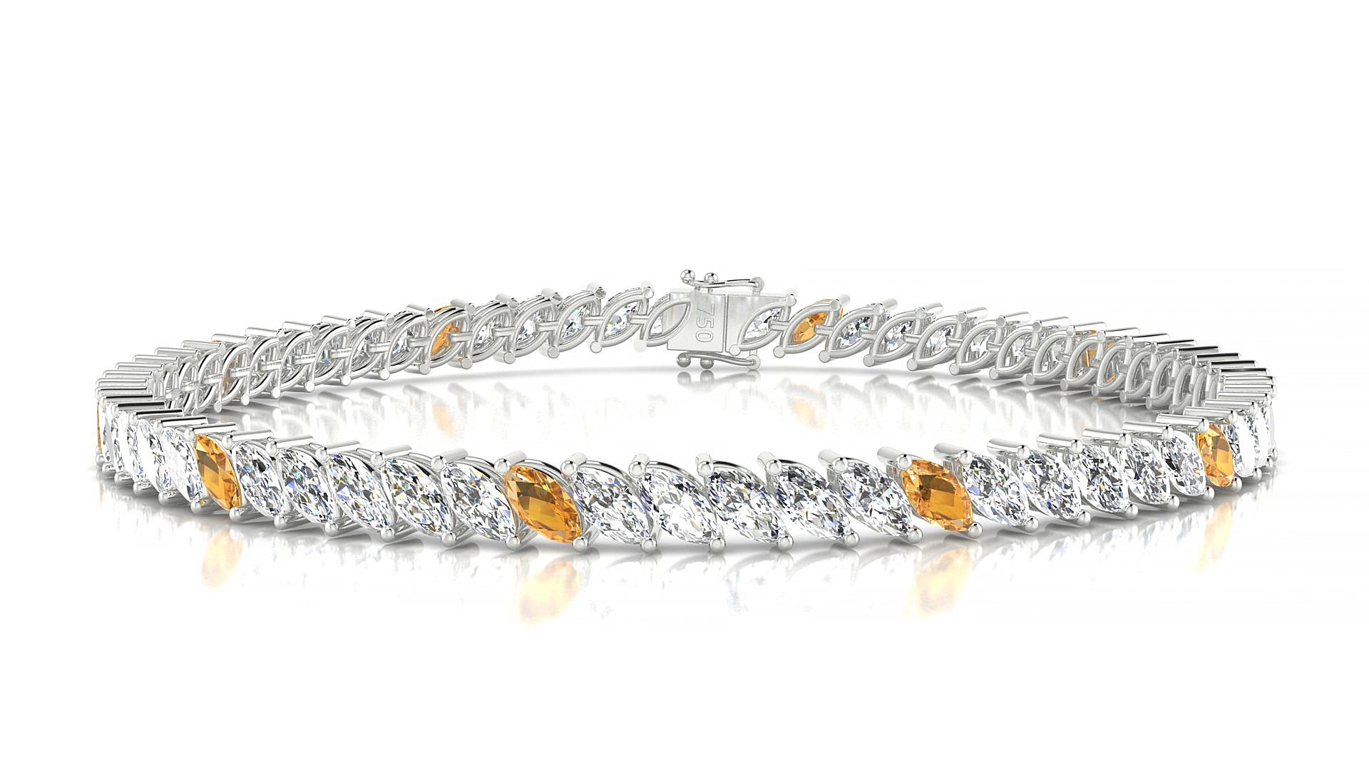 Venezia 1-5 | 18k White Gold 5 x 2.5 mm Marquise Natural Citrine & Diamond 20 cm Tennis Bracelet