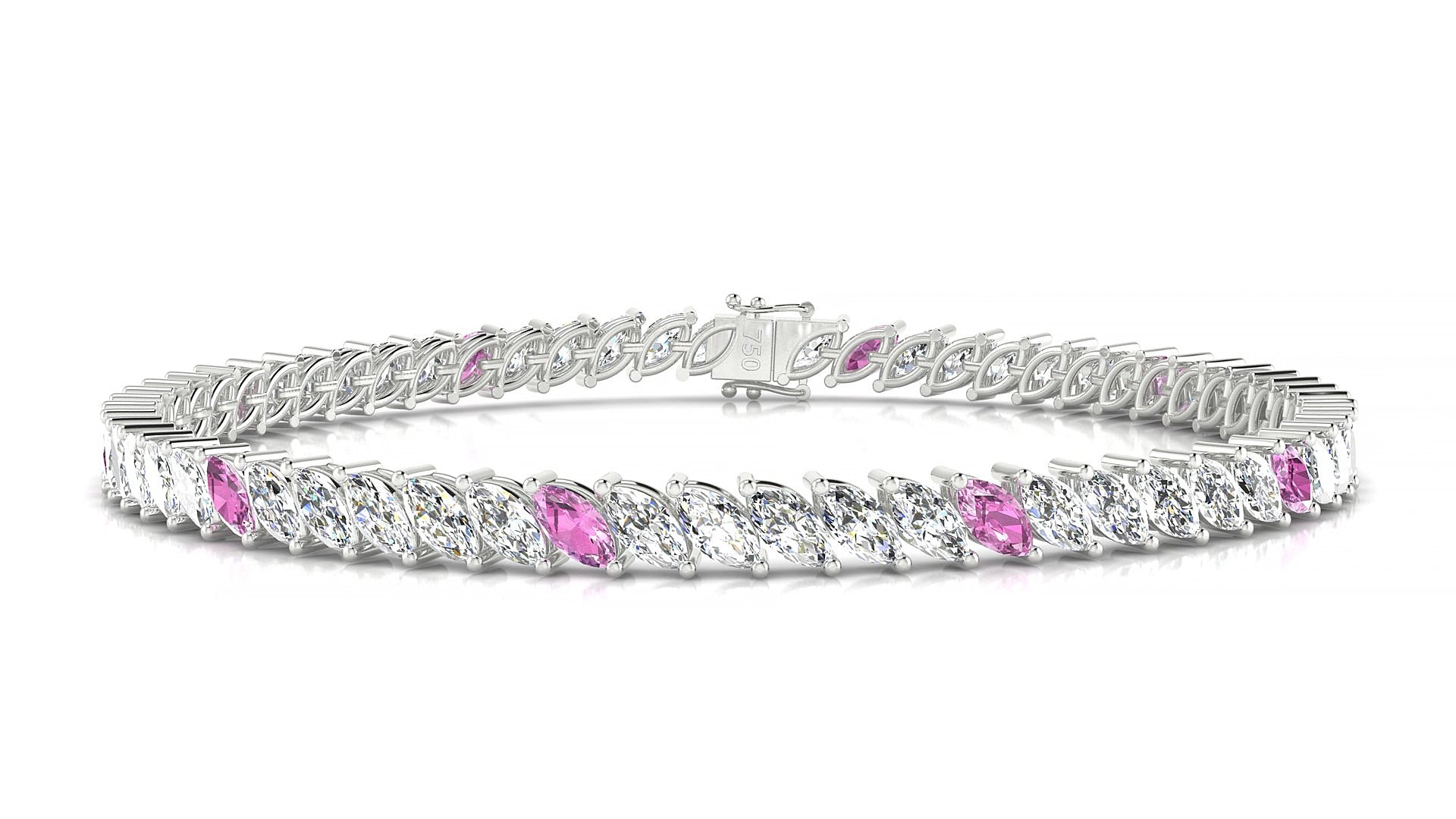 Venezia 1-5 | 18k White Gold 5 x 2.5 mm Marquise Natural Pink Sapphire & Diamond 18 cm Tennis Bracelet