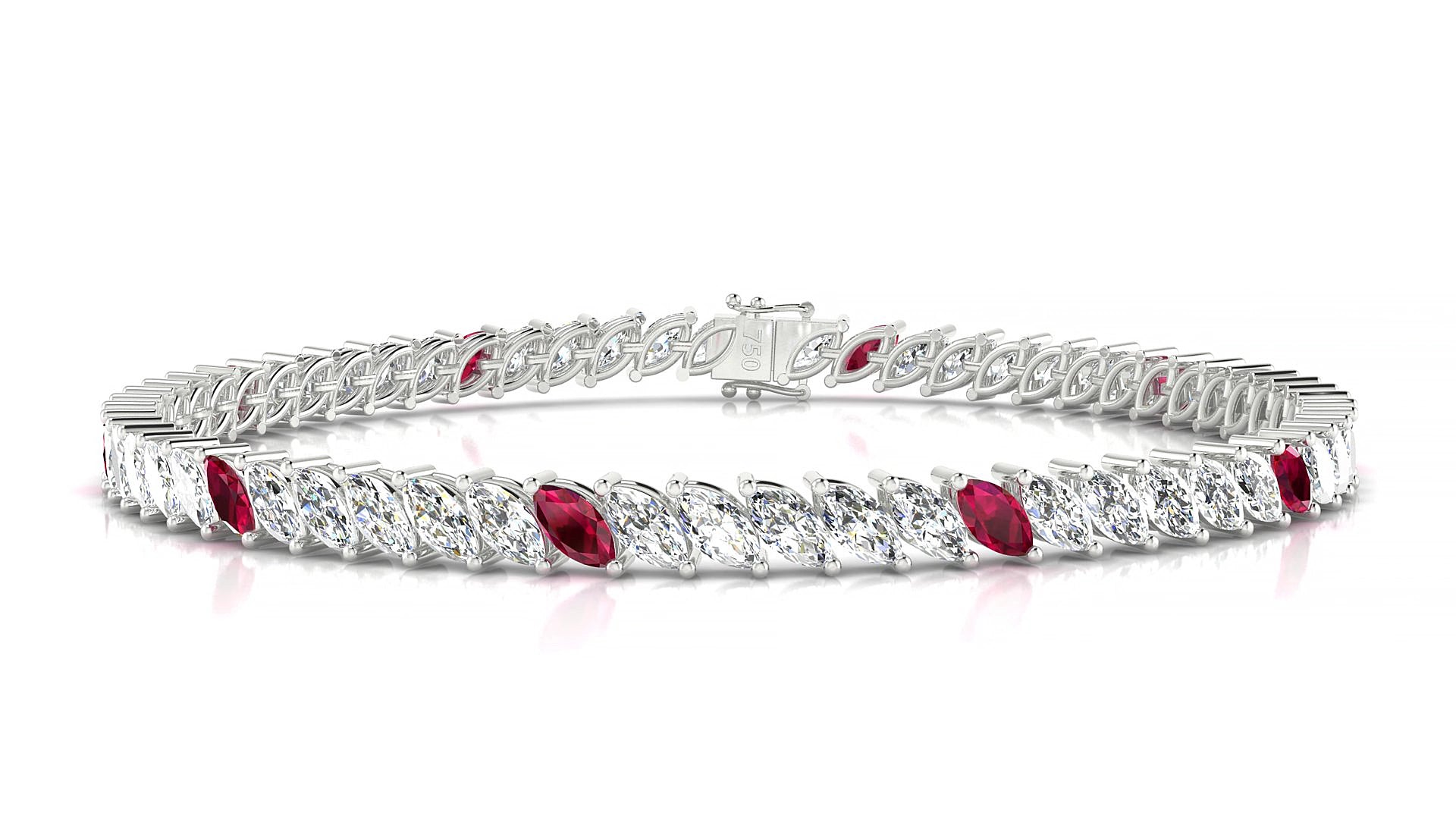 Venezia 1-5 | 18k White Gold 5 x 2.5 mm Marquise Natural Ruby & Diamond 15 cm Tennis Bracelet