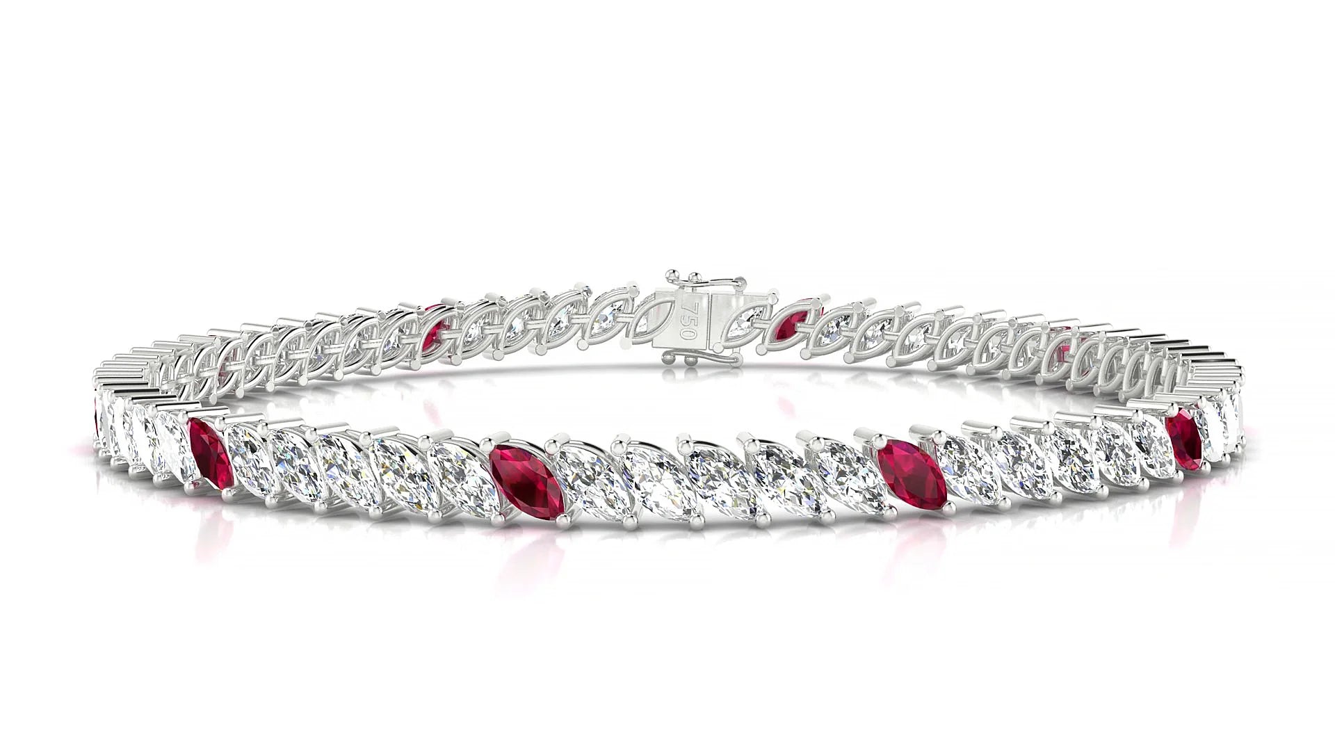 Venezia 1-5 | 18k White Gold 5 x 2.5 mm Marquise Natural Ruby & Diamond 18 cm Tennis Bracelet