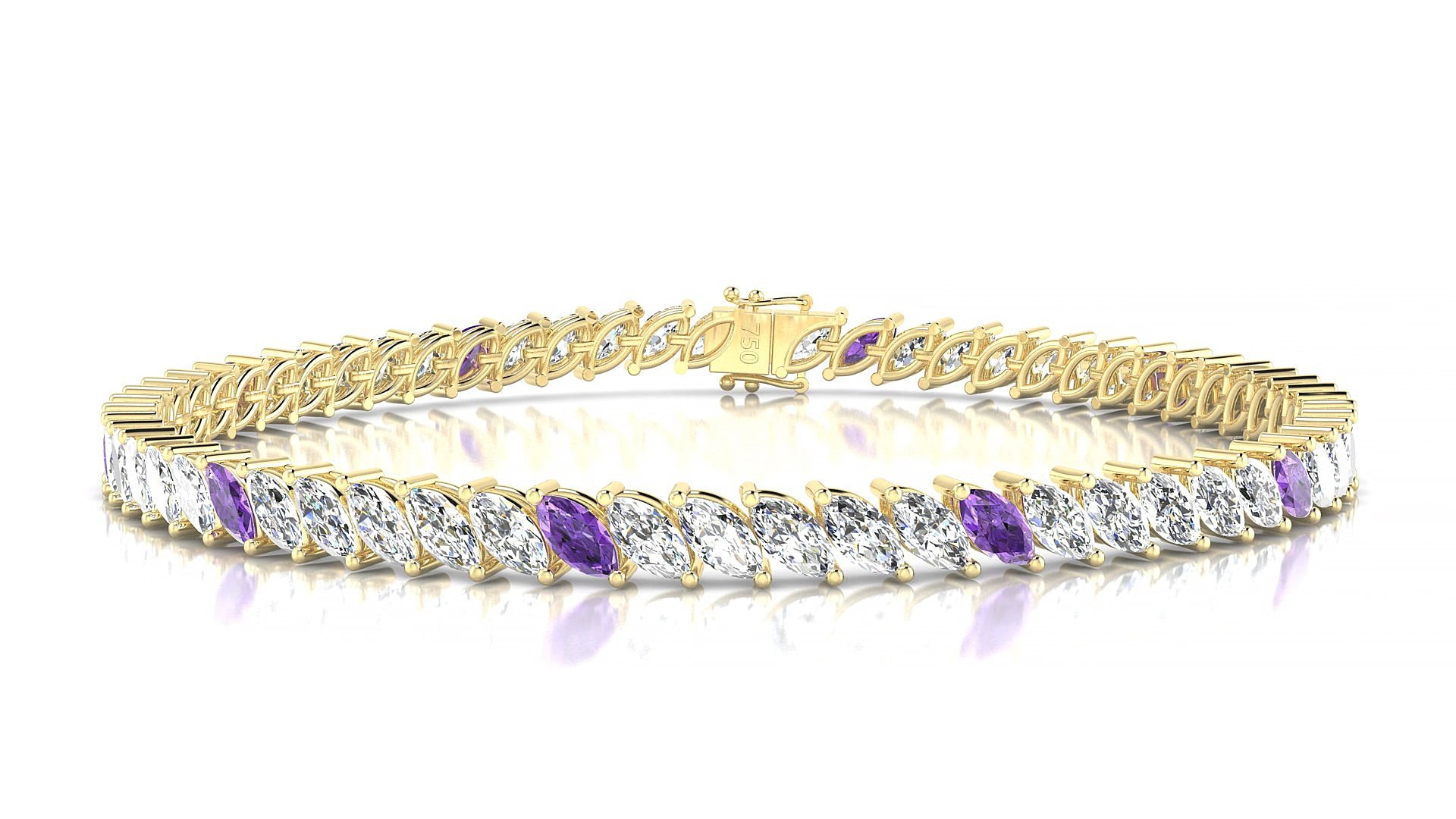 Venezia 1-5 | 18k Yellow Gold 5 x 2.5 mm Marquise Natural Amethyst & Diamond 18 cm Tennis Bracelet