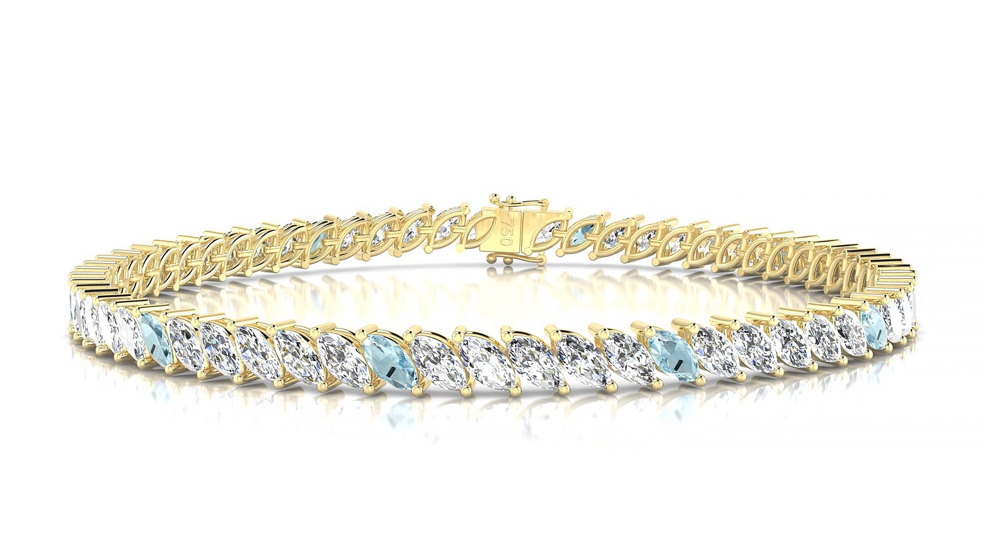 Venezia 1-5 | 18k Yellow Gold 5 x 2.5 mm Marquise Natural Aquamarine & Diamond 15 cm Tennis Bracelet