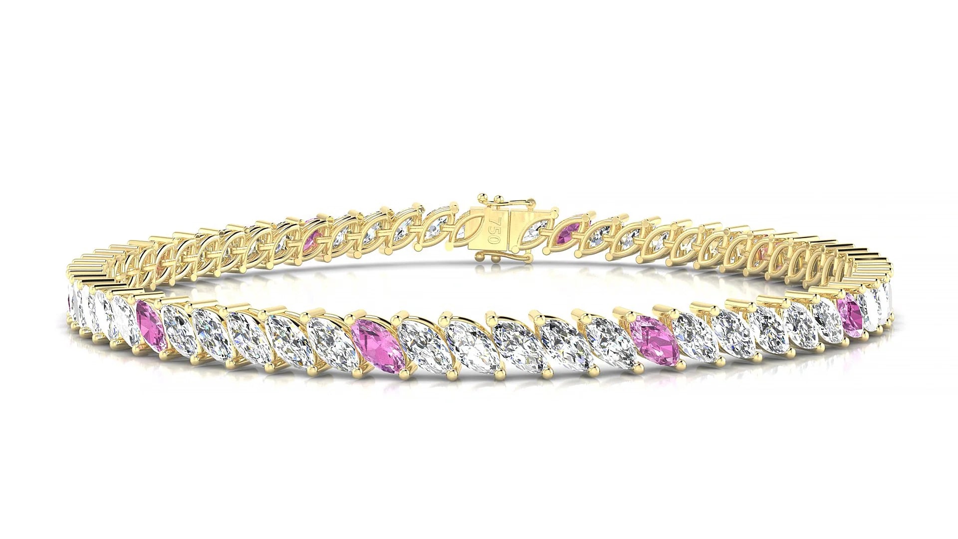 Venezia 1-5 | 18k Yellow Gold 5 x 2.5 mm Marquise Natural Pink Sapphire & Diamond 18 cm Tennis Bracelet